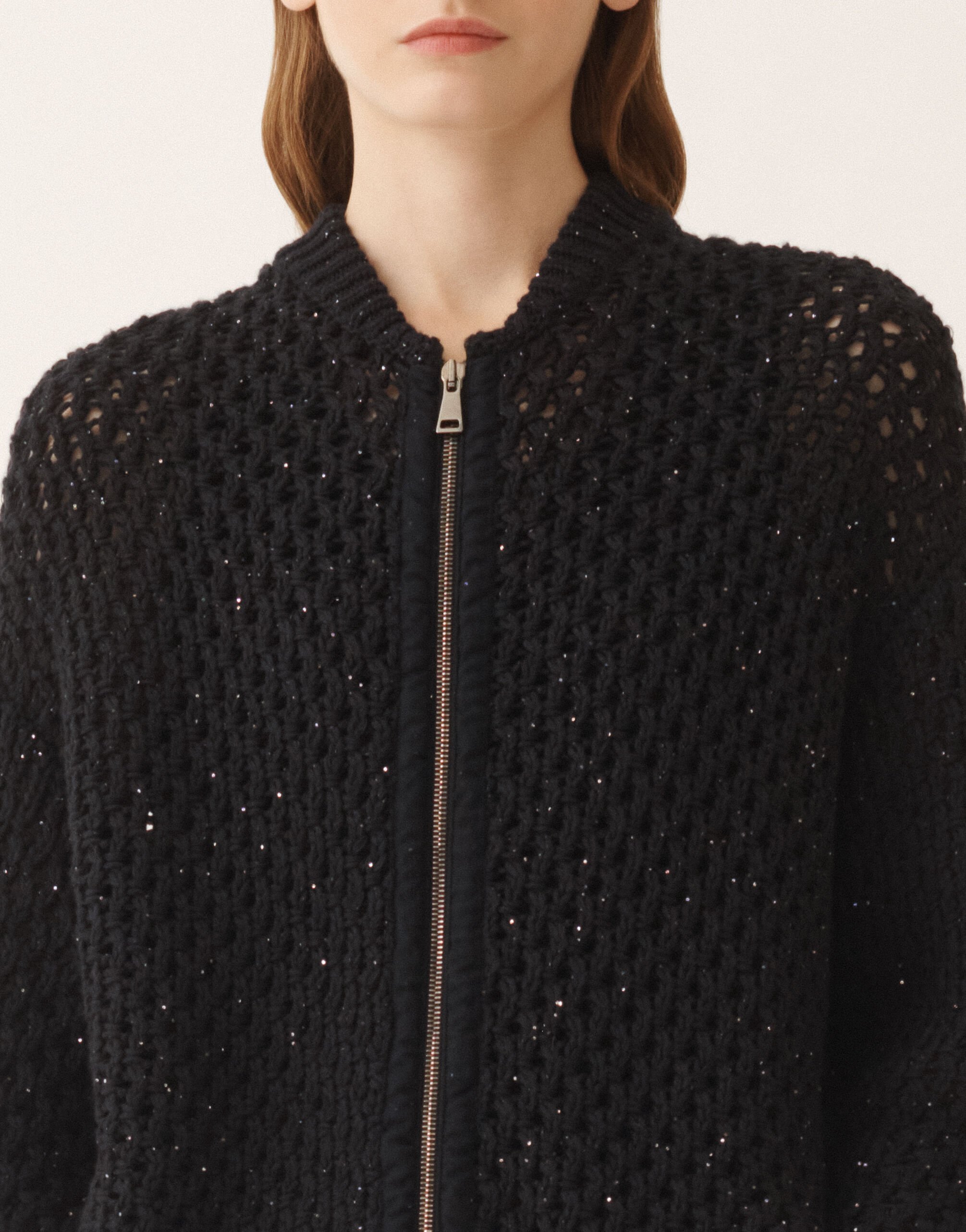 Bomber in platinum and micro sequins, midnight blue for Women