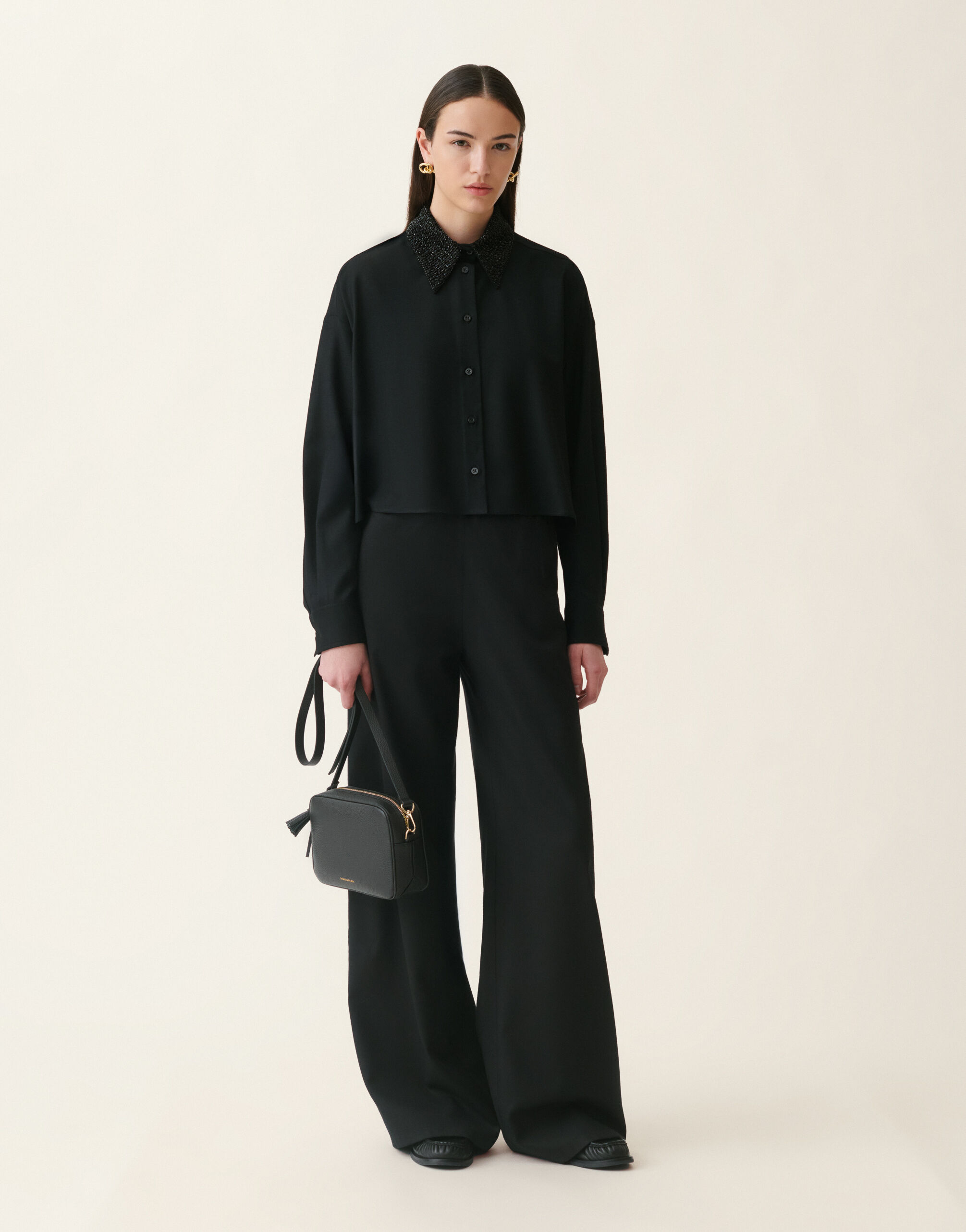 Cropped flannel shirt, black Fabiana Filippi Cropped flannel shirt, black Black CAD226F313M3940000