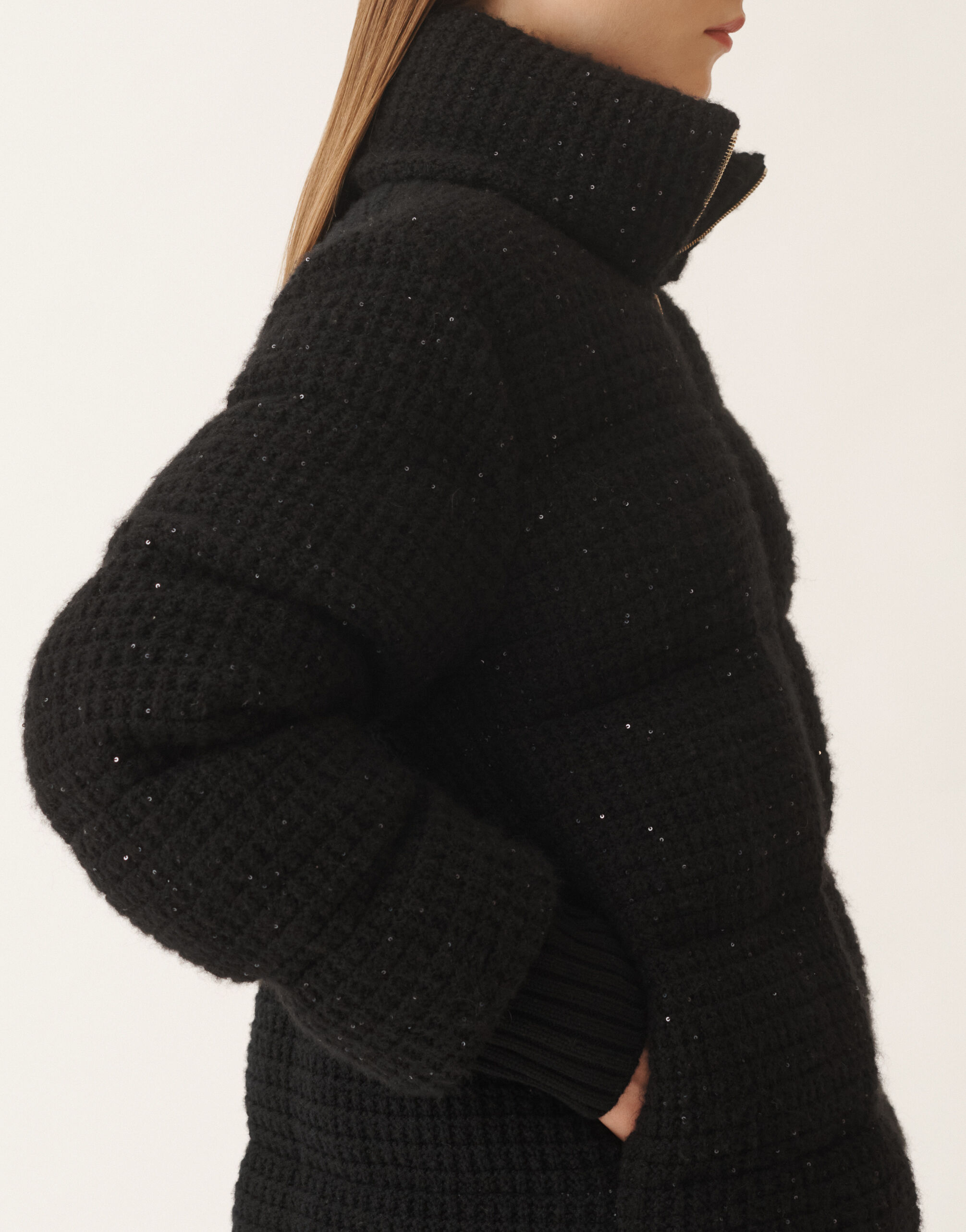Down jacket in wool and silk with sequins, black for Women