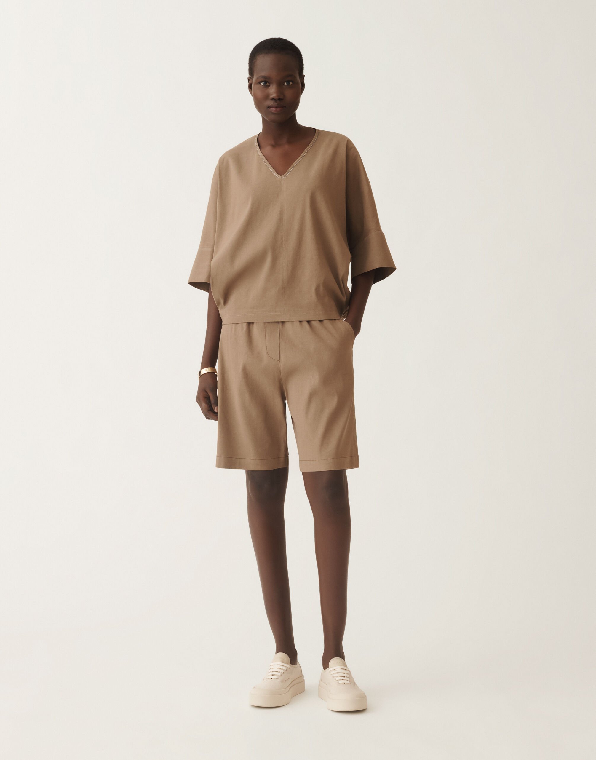 Fabiana Filippi Stretch viscose and linen top, taupe TAUPE TPDC02F361H5500000