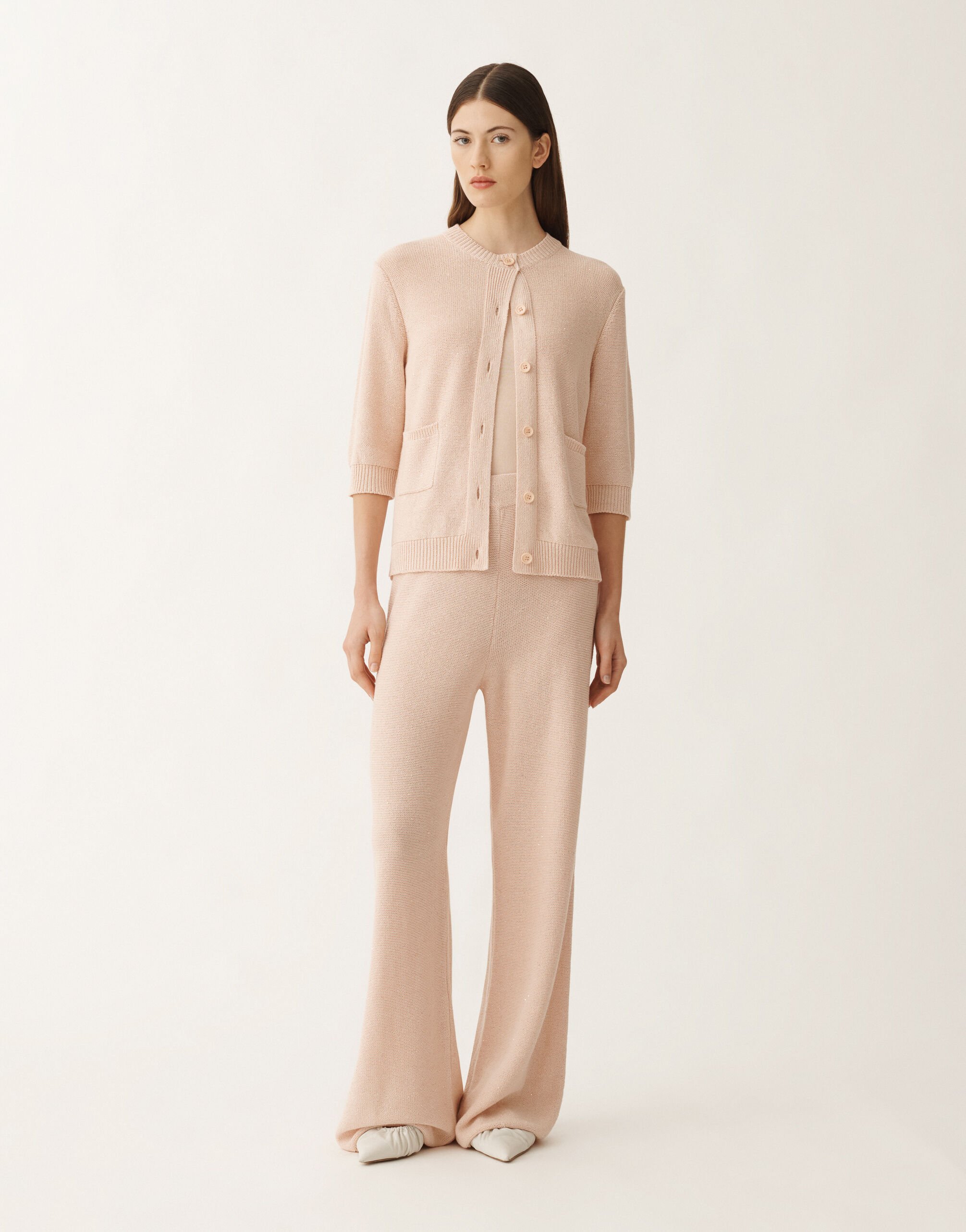 Fabiana Filippi Pantalone in cotone e lino con paillettes, cipria ROSA PAD265F351D2730000
