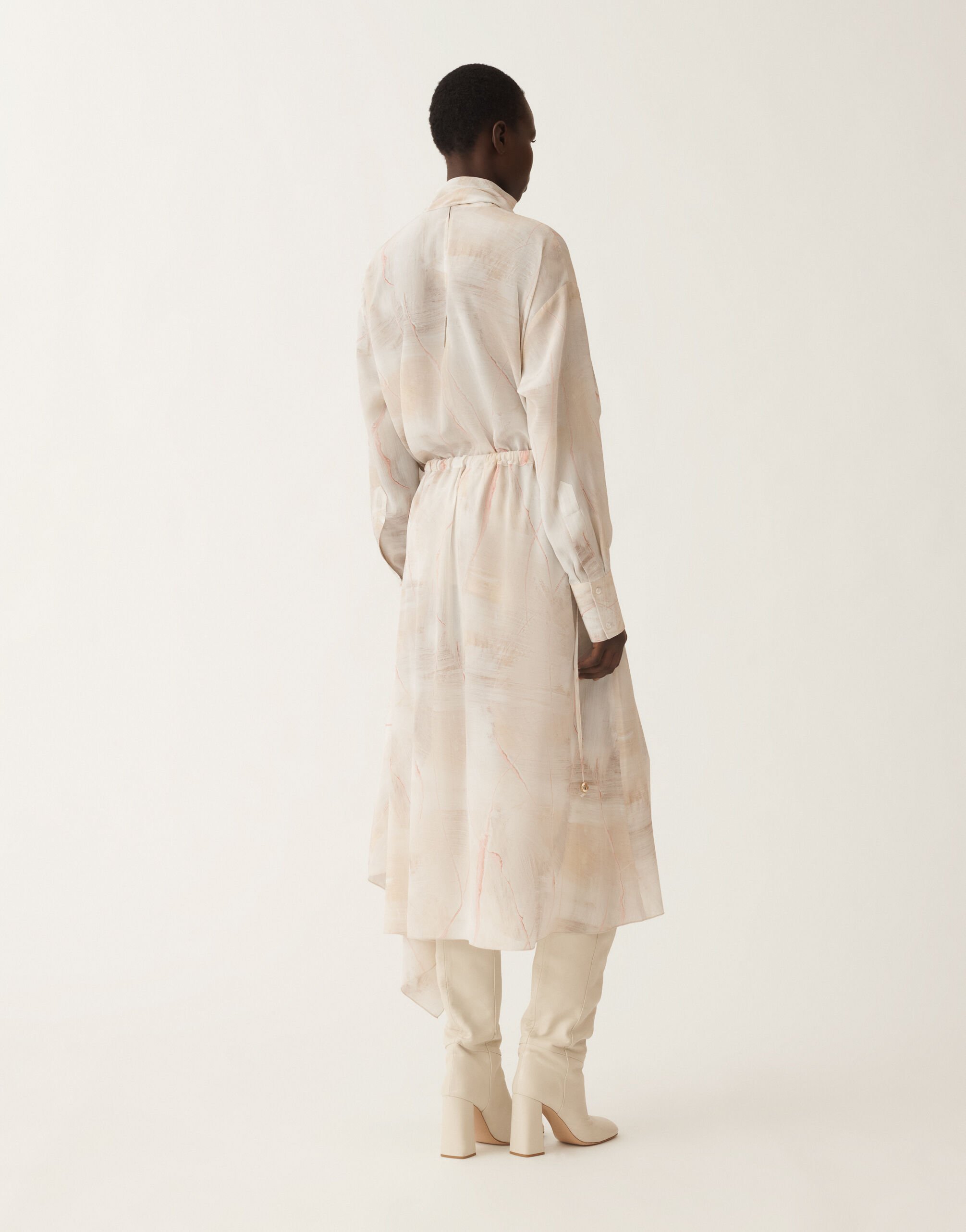 Printed crepe de chine skirt, butter, maple and peony for