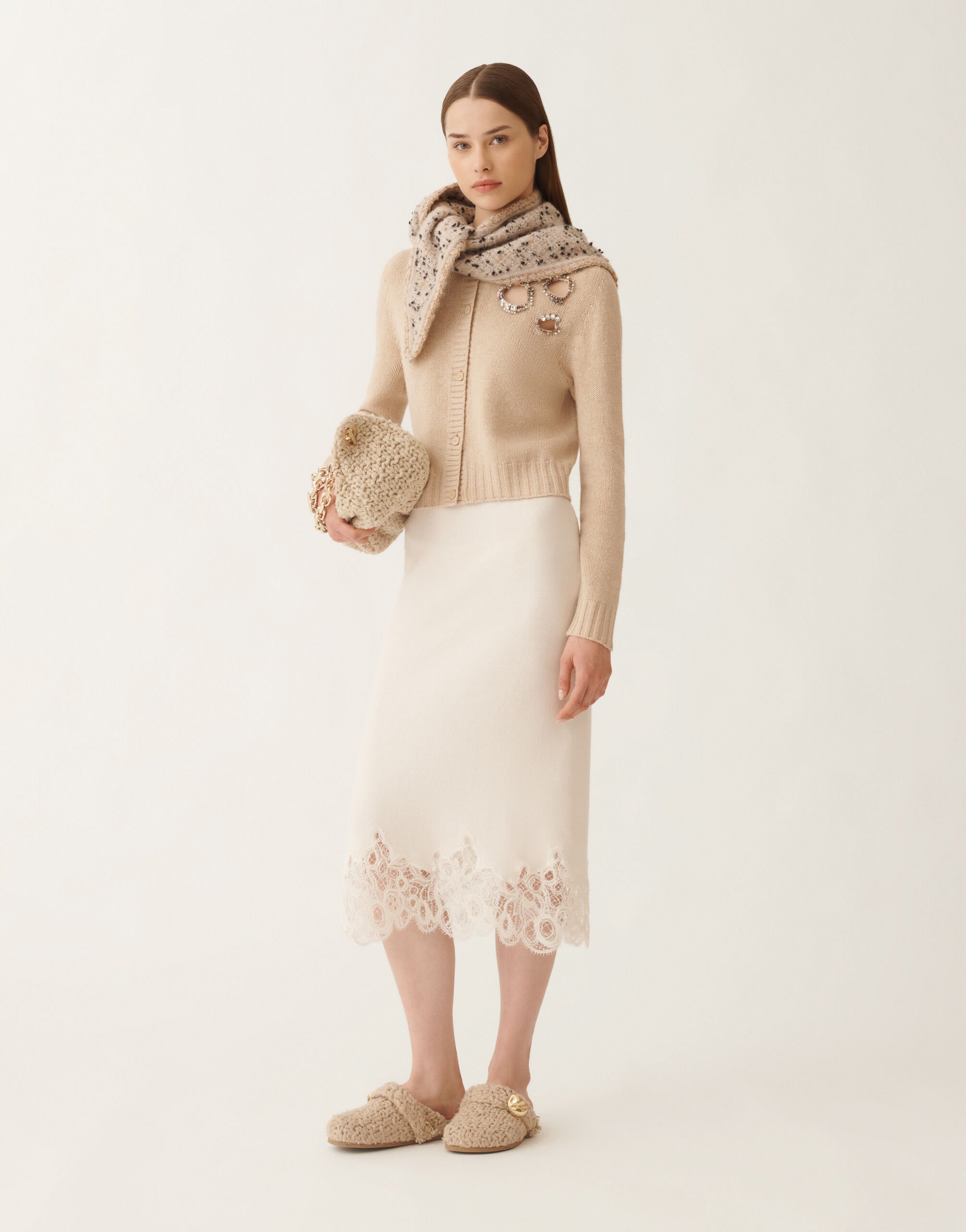 Platinum skirt with macramé lace, raffia for Women | Fabiana