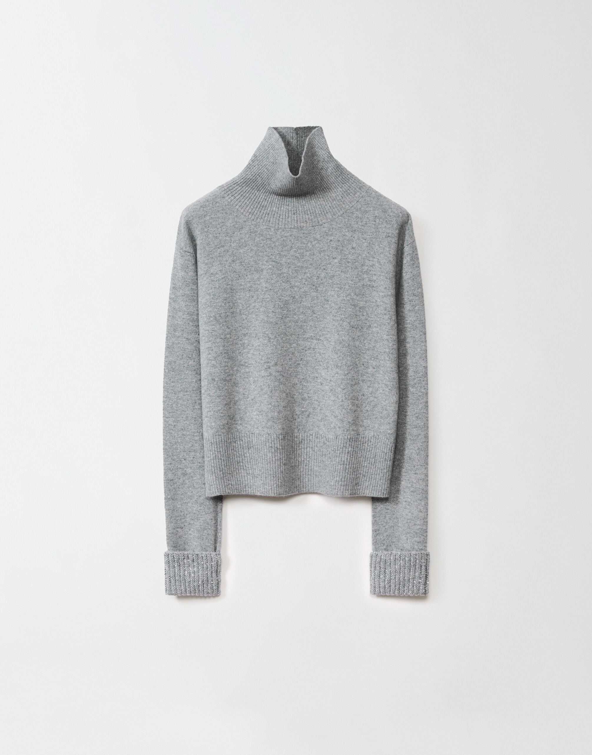 PLATINUM TURTLE NECK BOXY SWEATER WITH SEQUIN CUFFS