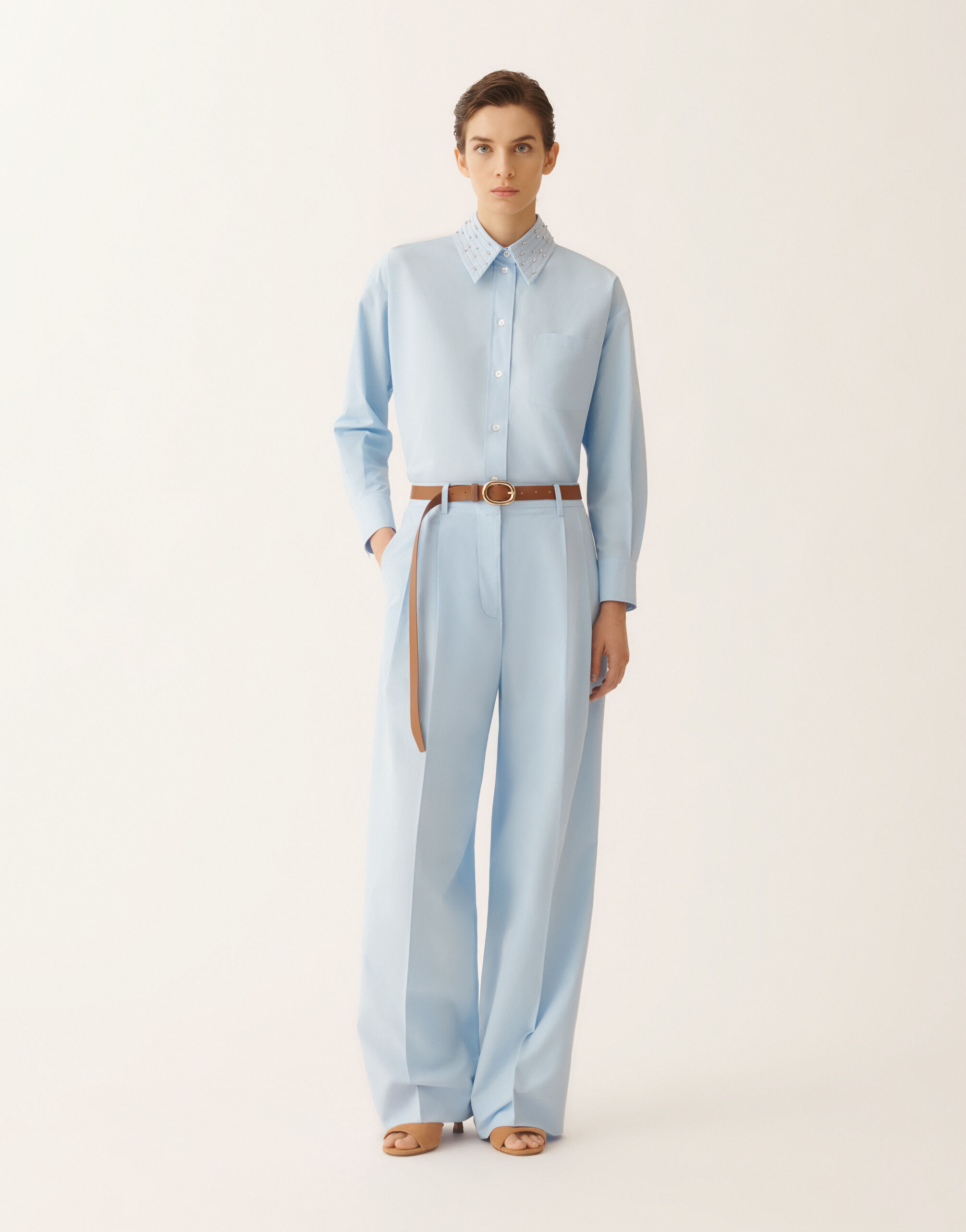 Sky blue poplin pants for Women | Fabiana Filippi®