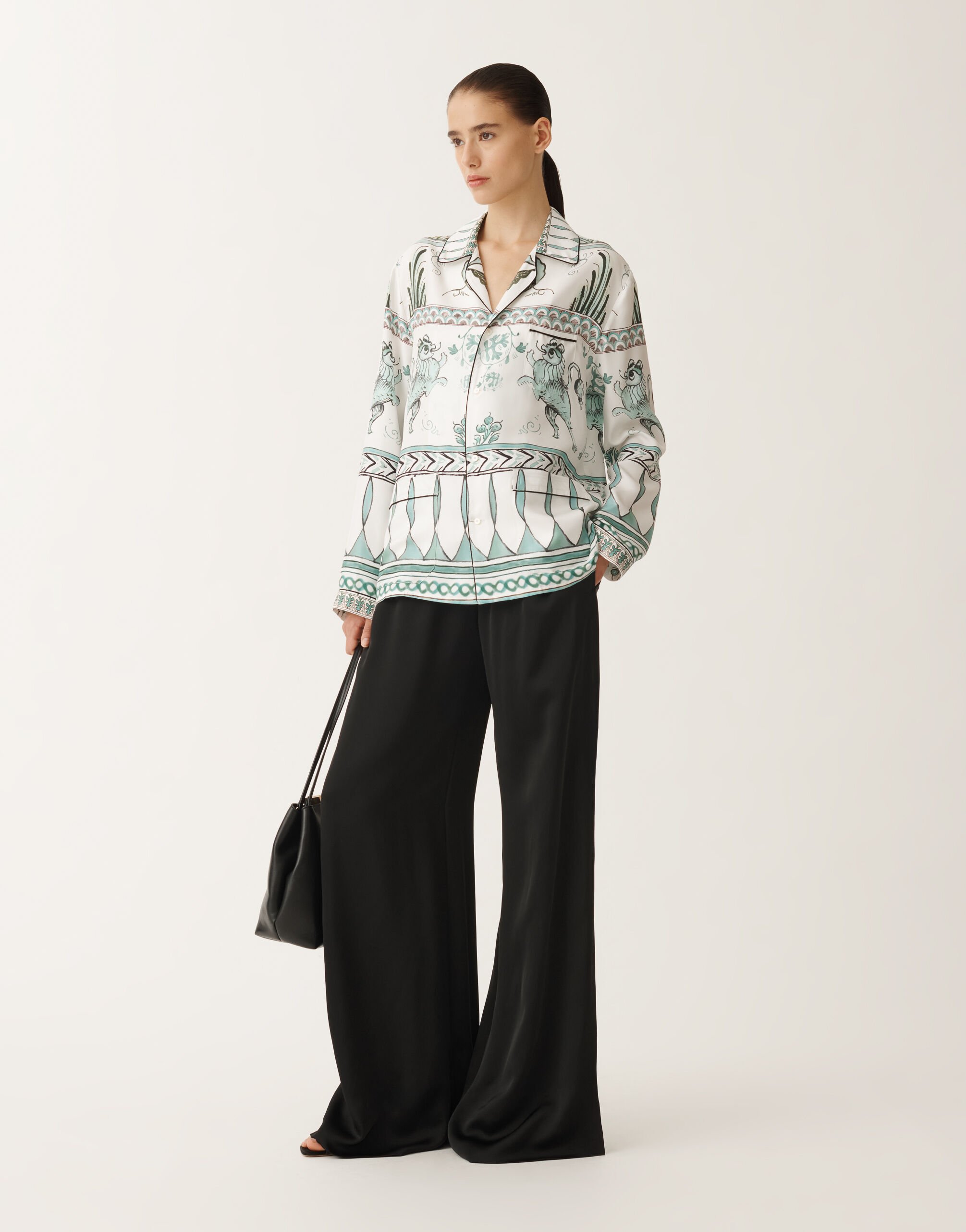 Fabiana Filippi Silk twill shirt with painted print, white, aqua green and teal WHITE/TURQUOISE/AQUAGREEN CAD275F734D8600000
