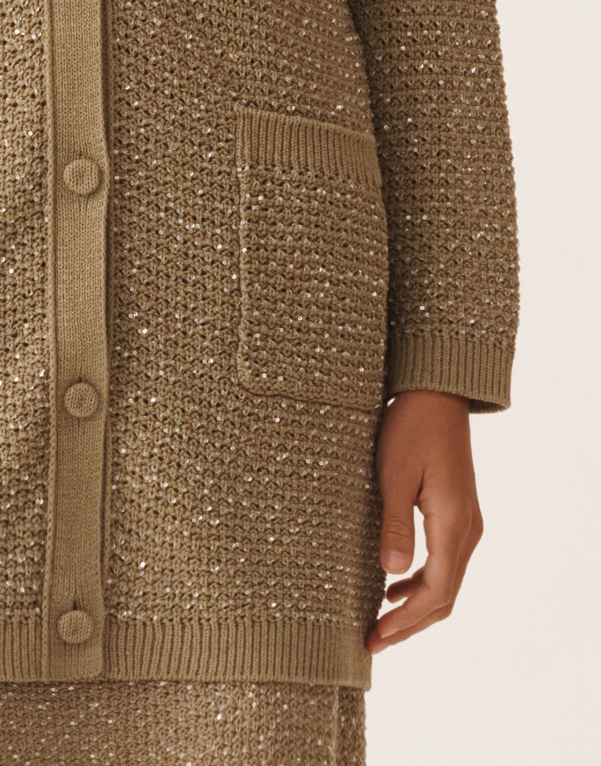 Cotton ribbon cardigan with sequins, khaki for Women | Fabiana