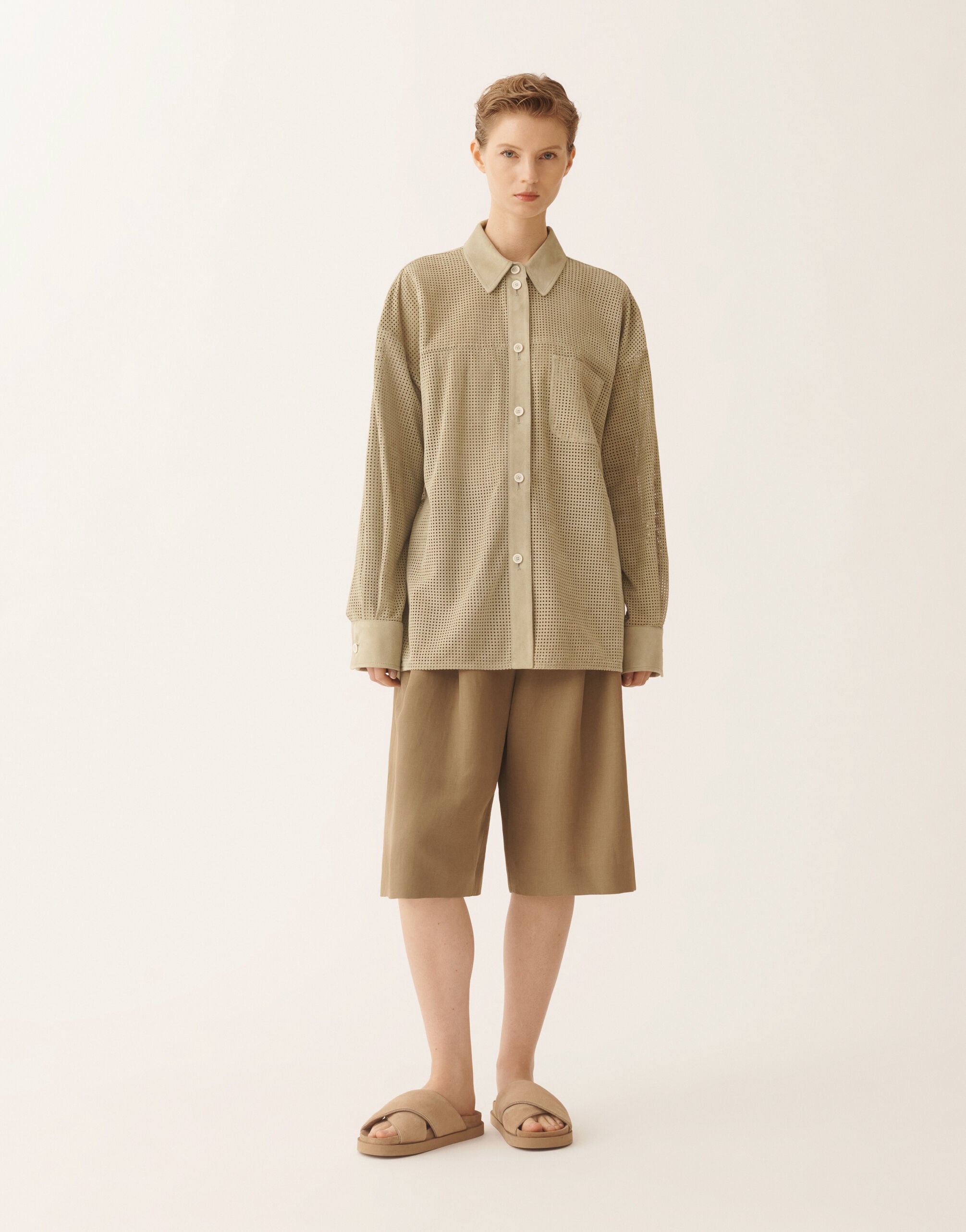 Shirt in perforated suede, khaki for Women | Fabiana Filippi®