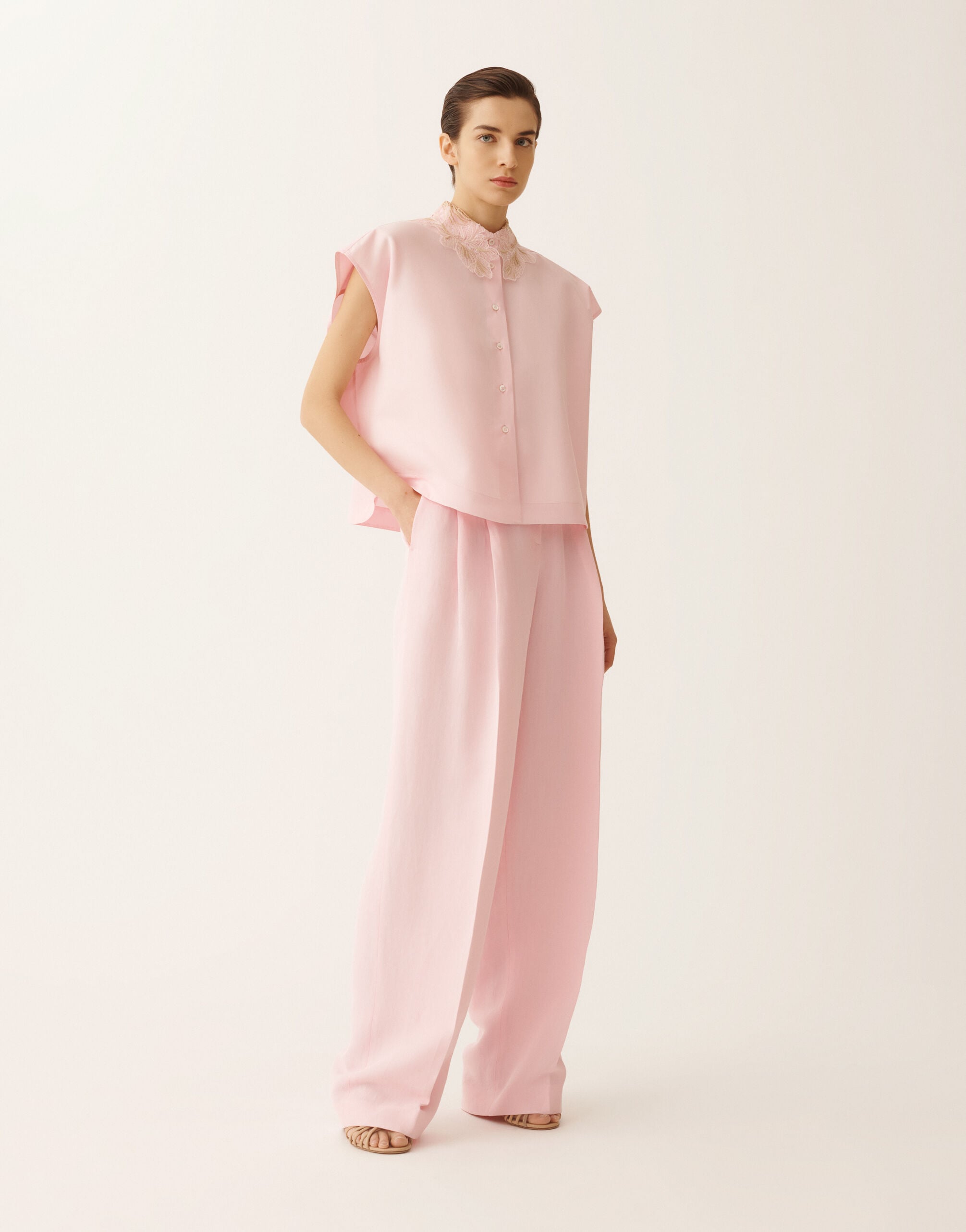 Sleeveless shirt in petal pink poplin for Women | Fabiana Filippi®