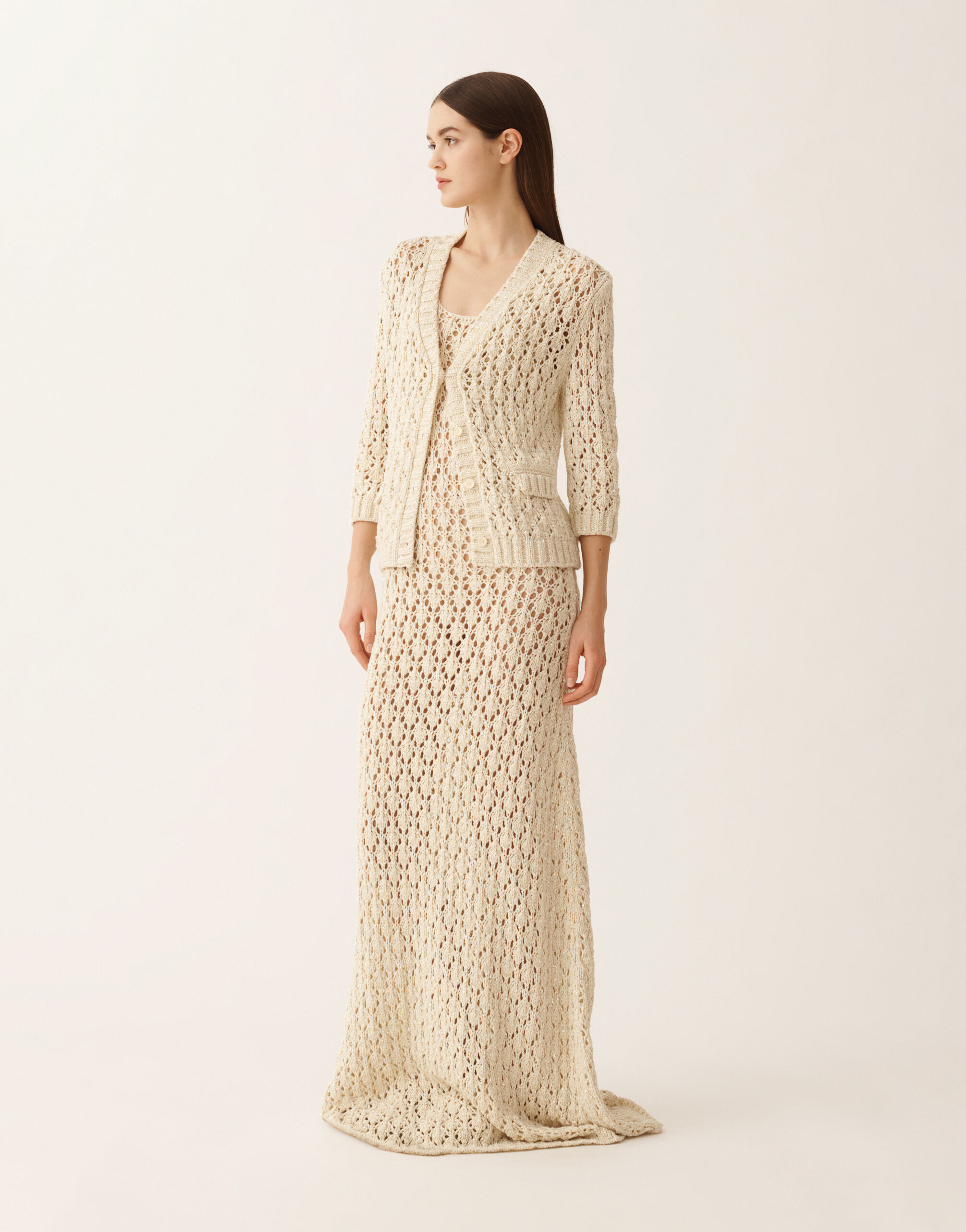 Fabiana Filippi Cotton tape cardigan with sequins, in cream BUTTER MAD276F559M1020000