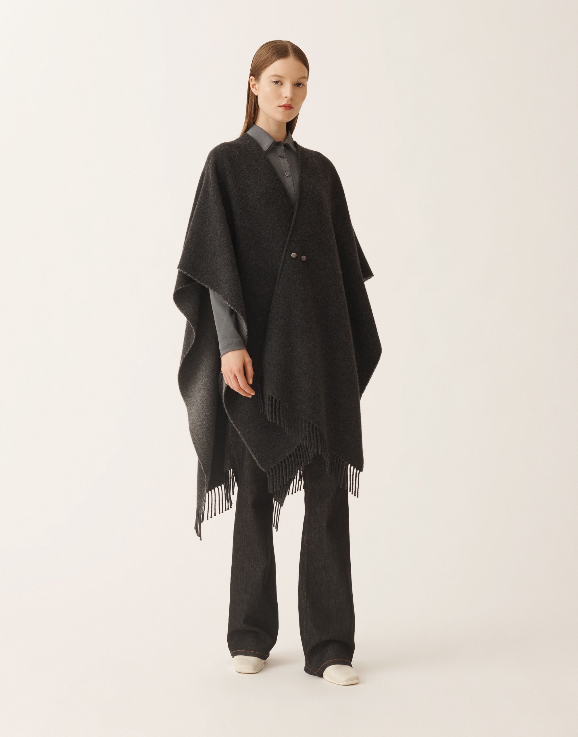 Open wool and cashmere cape, slate and rock for Women | Fabiana