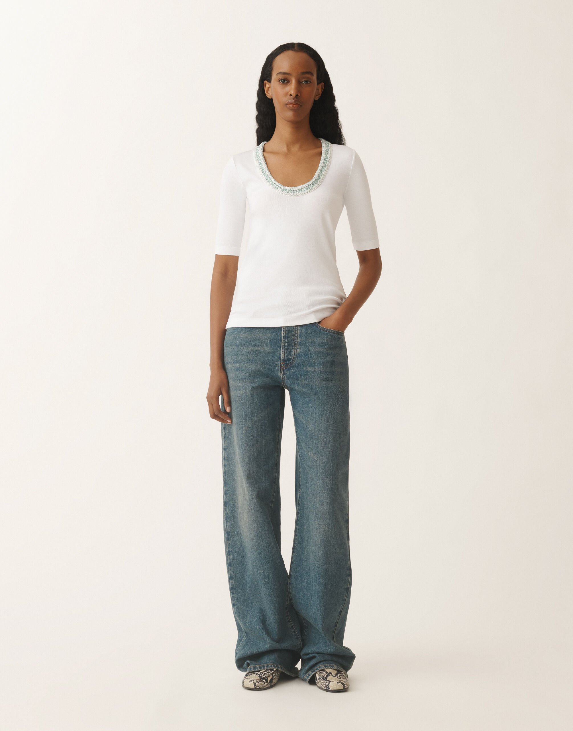 Fabiana Filippi Jersey T-shirt, optical white and aqua green WHITE/AQUAGREEN JED275F151L4540000