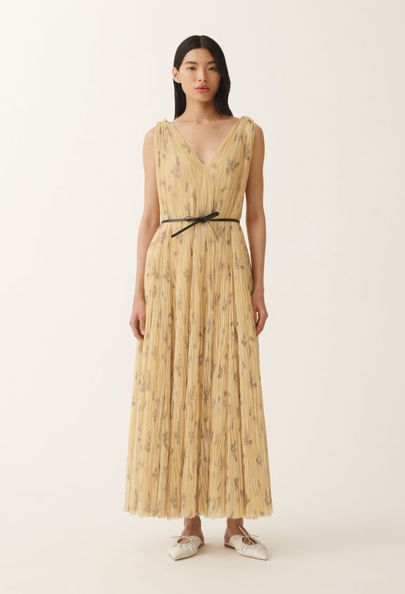 Fabiana Filippi Pleated tulle dress with painted botanical print, canary CANARY ABD275F622L3870000