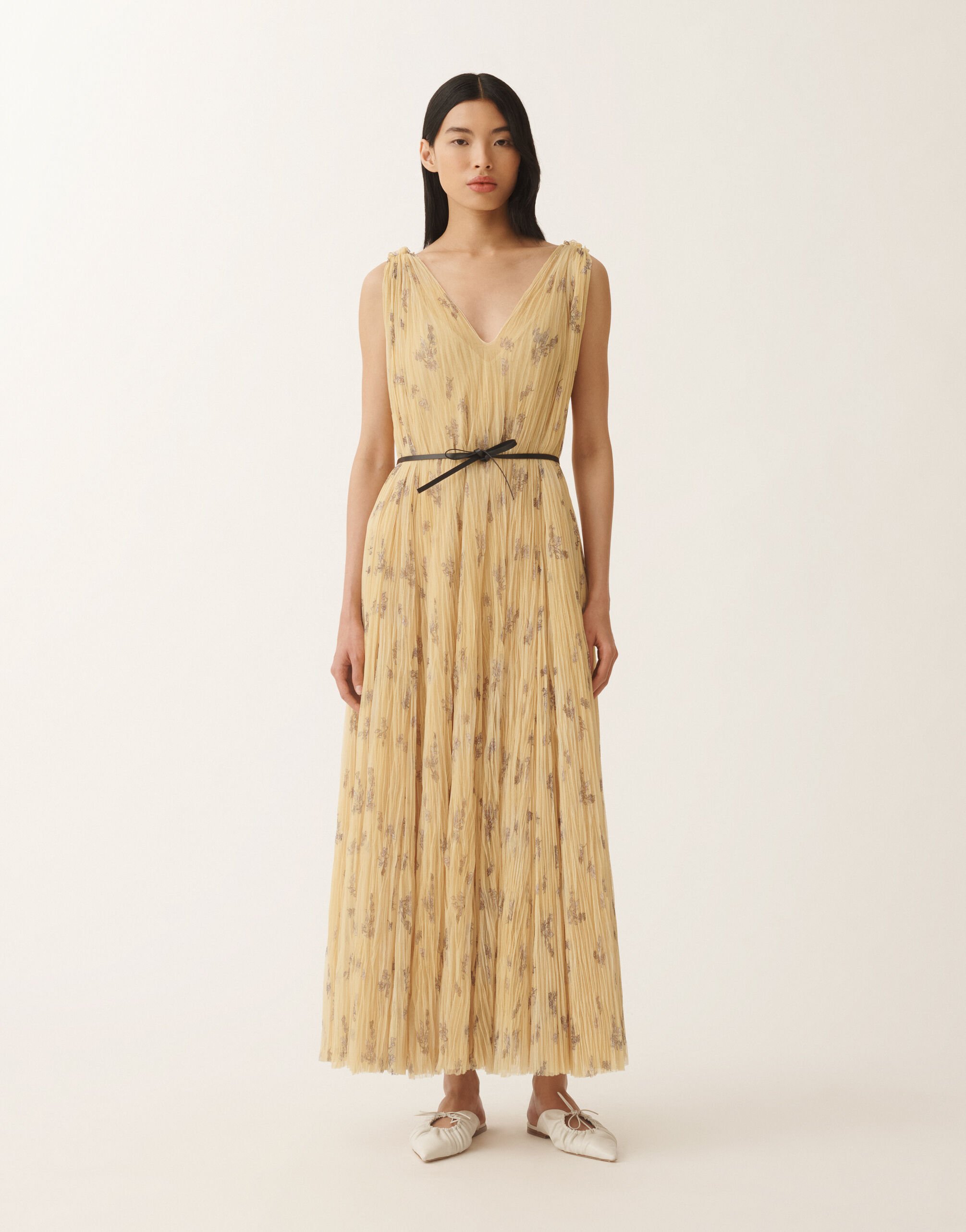 Fabiana Filippi Kleid aus plissiertem Tüll mit Print Botanical Picta, kanariengelb KANARIE ABD275F622L3870000