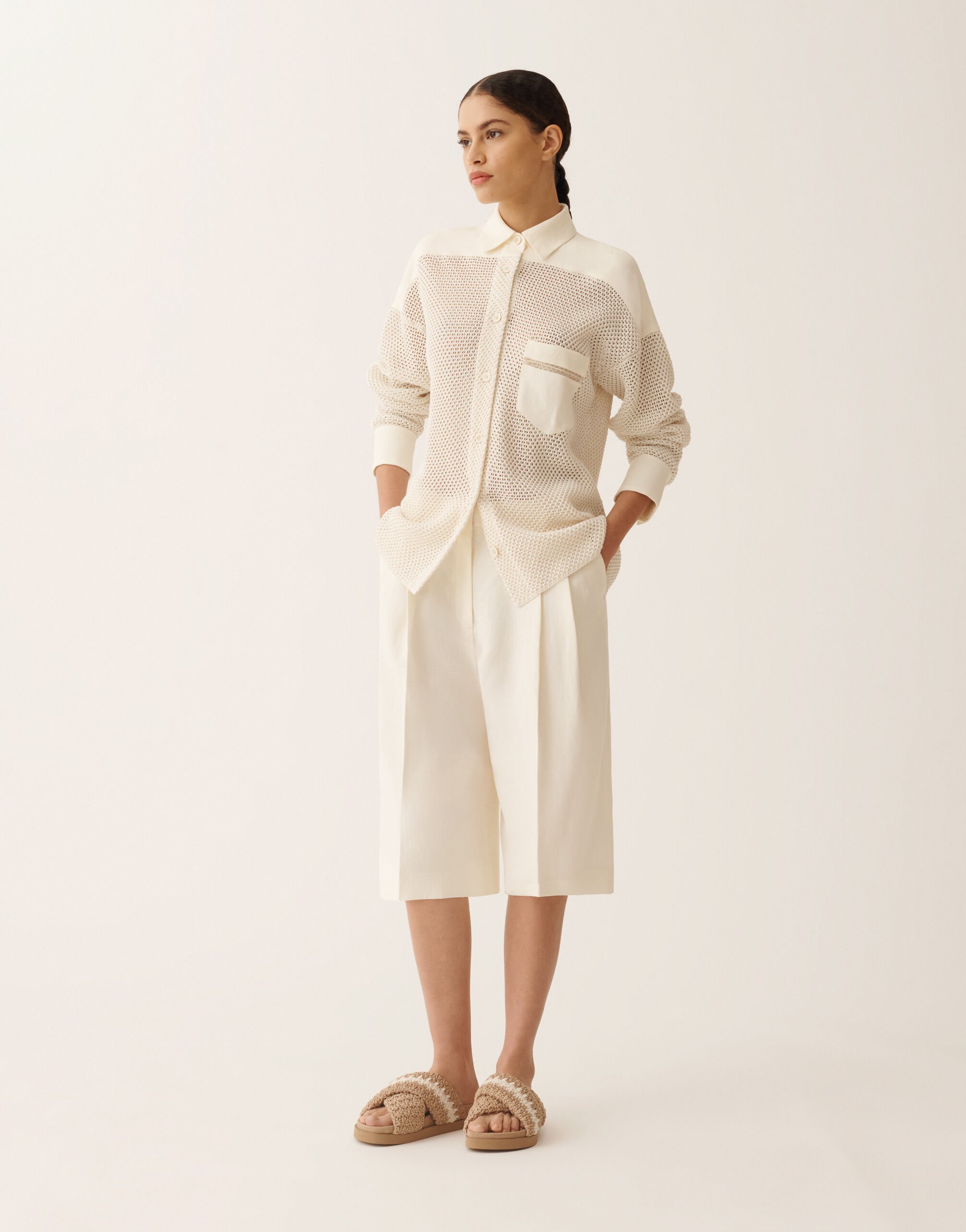 Shirt in organic cotton with lustrous viscose, butter for Women