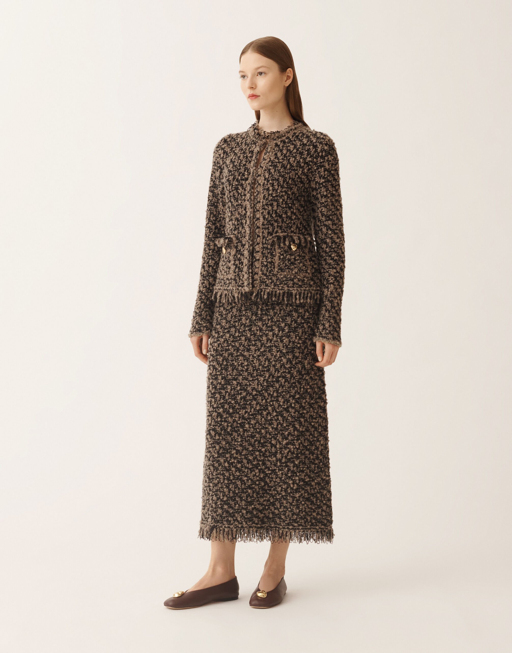 Jacket in tweed and sequins, mud and black for Women