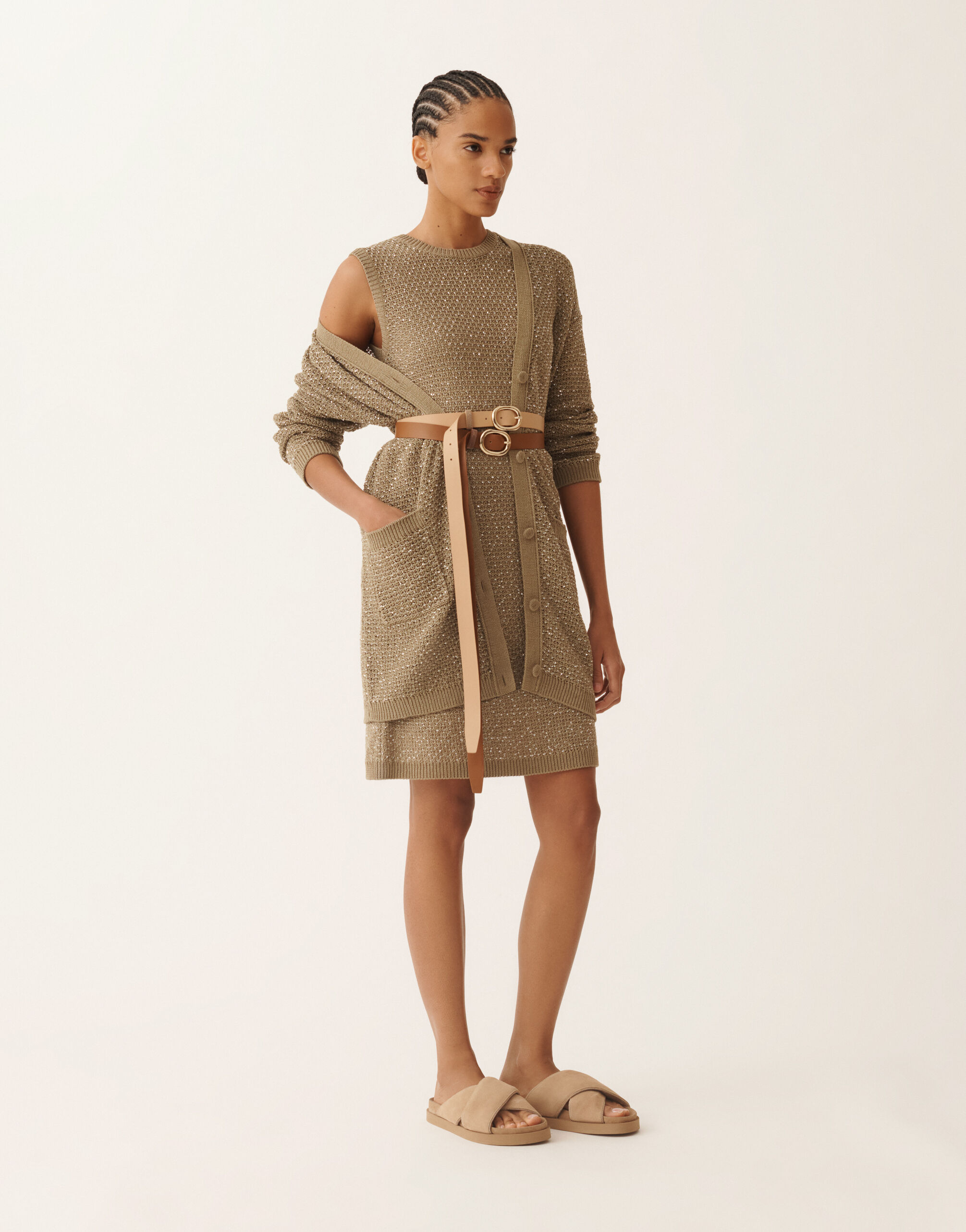 Cotton ribbon cardigan with sequins, khaki for Women | Fabiana