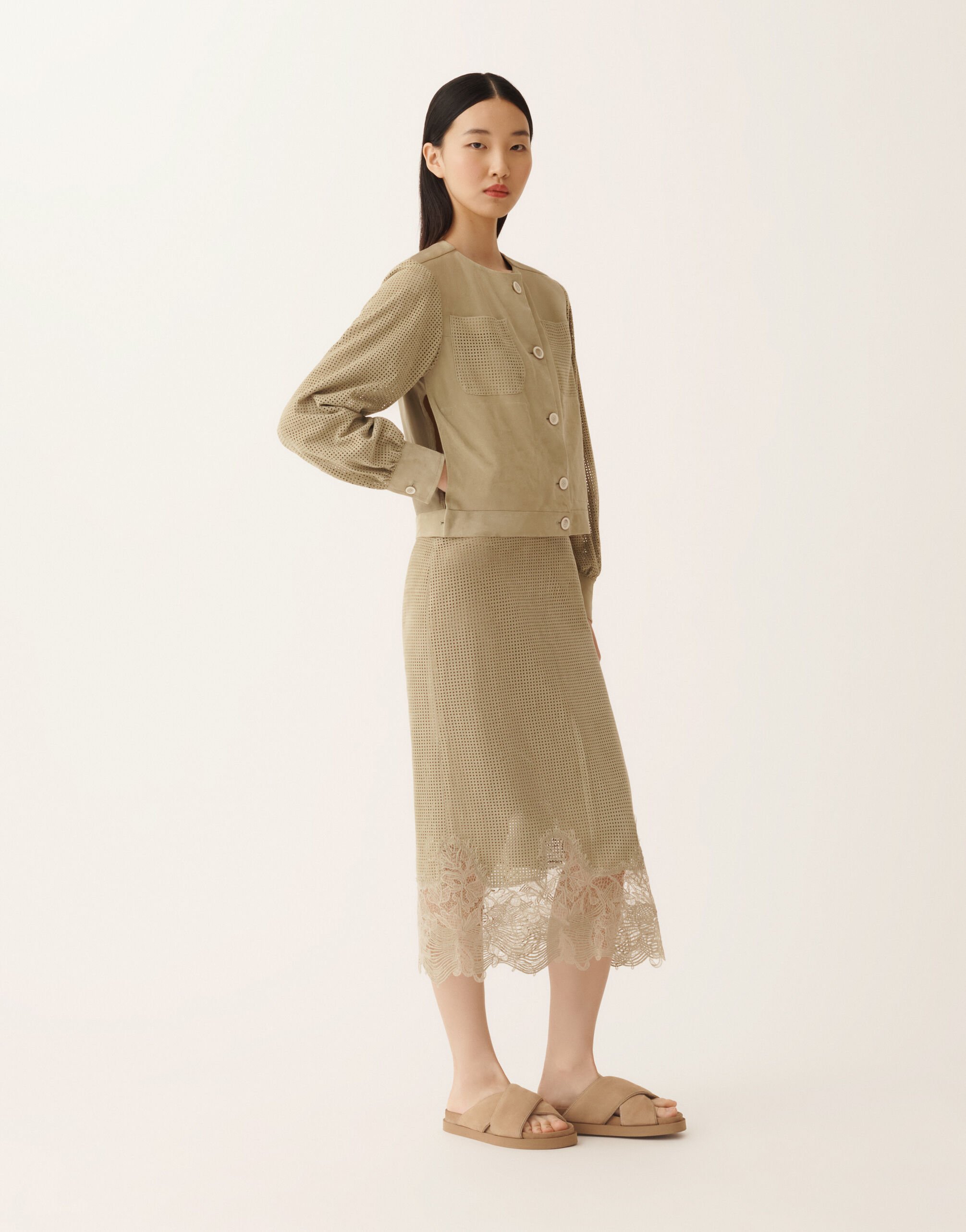 Pencil skirt in perforated suede, khaki Fabiana Filippi Pencil skirt in perforated suede, khaki KHAKI PLD276F719M1140000