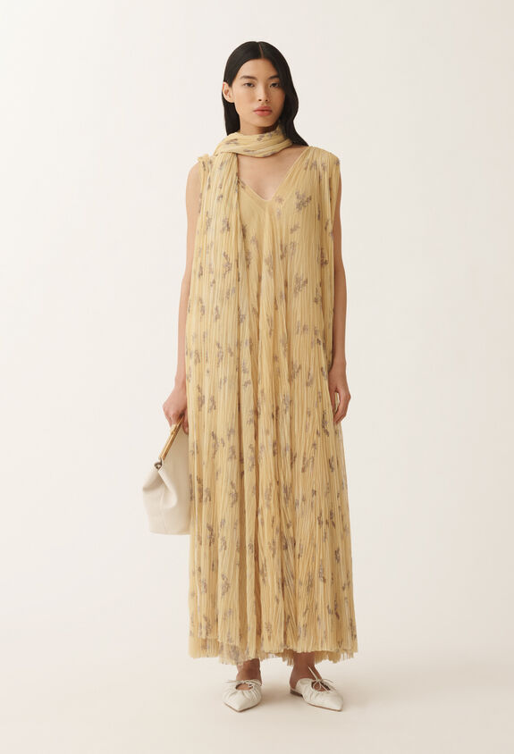Fabiana Filippi Pleated tulle dress with painted botanical print, canary CANARY ABD275F622L3870000