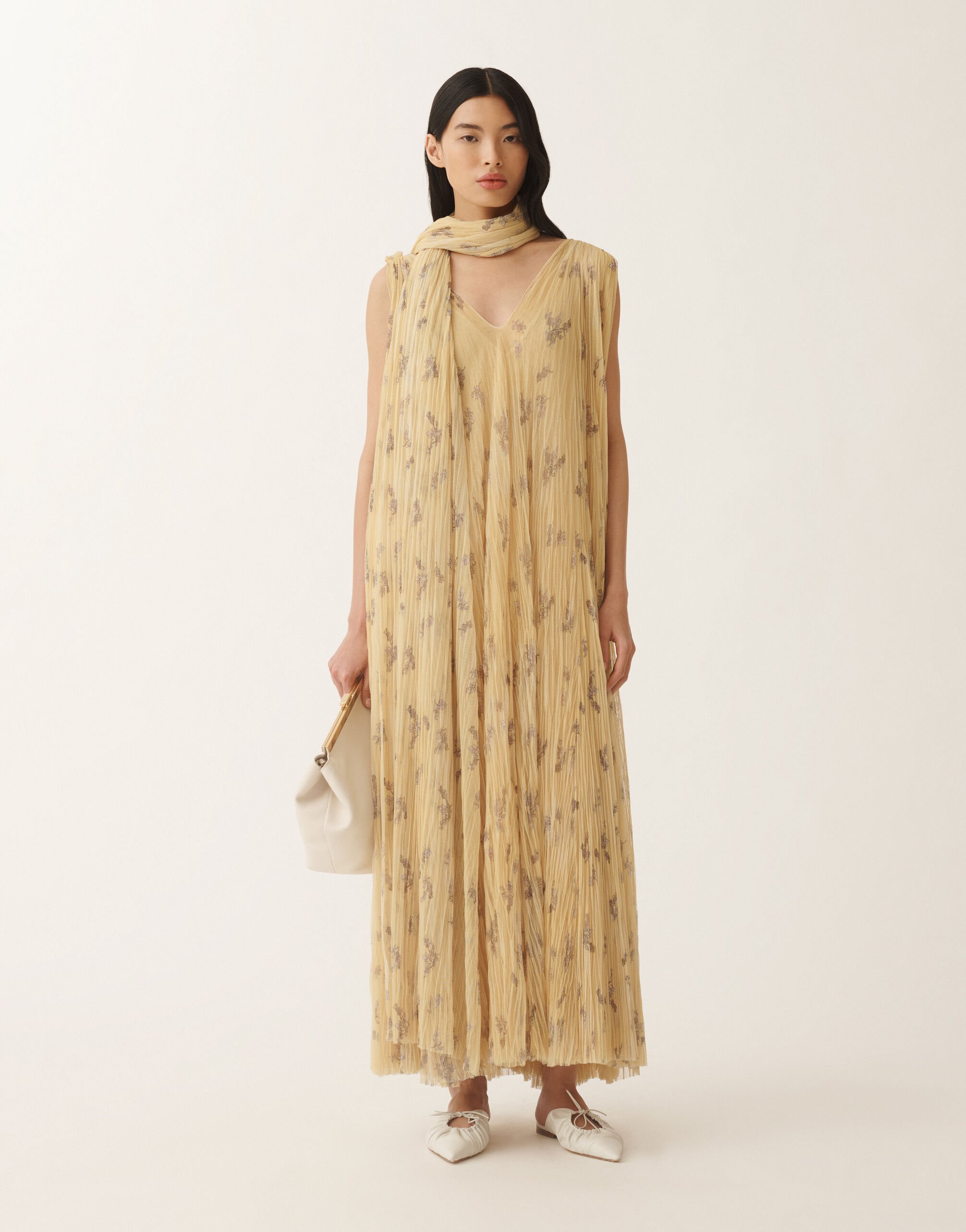 Fabiana Filippi Kleid aus plissiertem Tüll mit Print Botanical Picta, kanariengelb KANARIE ABD275F622L3870000