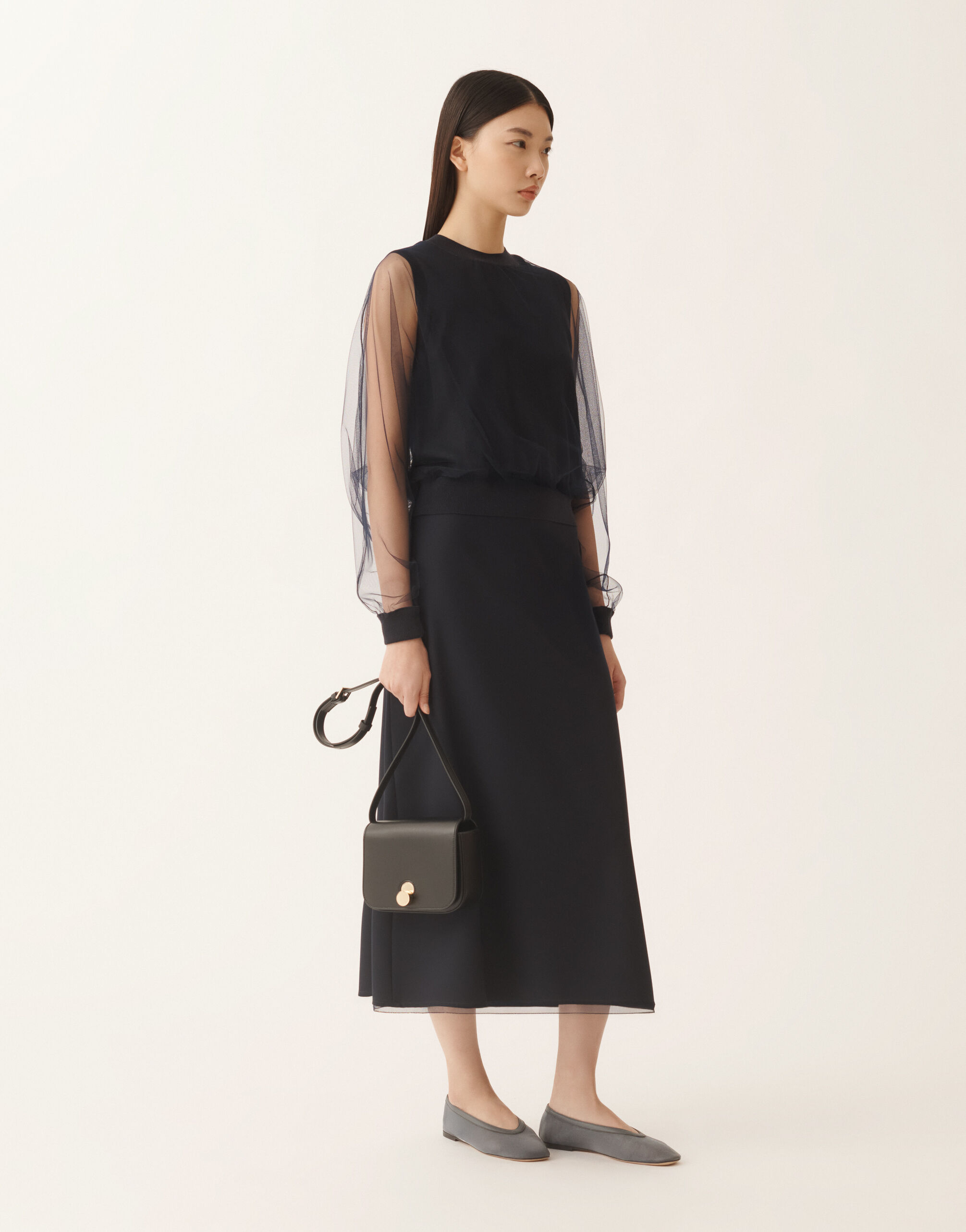 Mid-length skirt in techno tailoring, midnight blue for Women