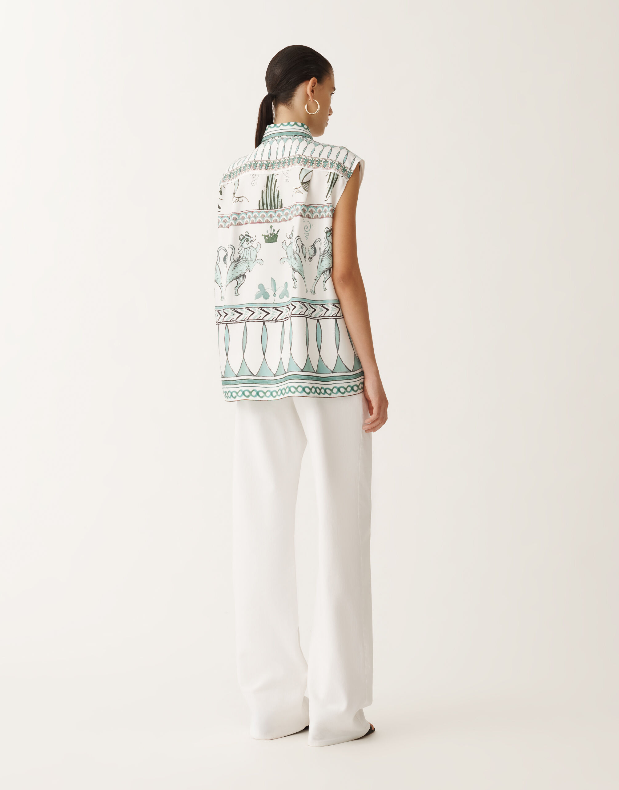 Fabiana Filippi T-shirt en sergé de soie à imprimé picta, blanc, vert d’eau et bleu pétrole BLANC/TURQUOISE/VERT EAU CAD275F597L4550000
