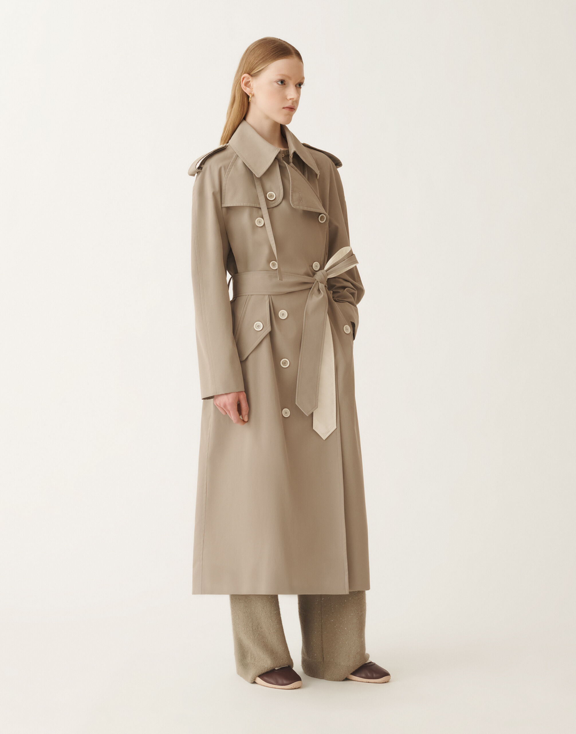 Extra-fine twill double-breasted trench coat, olive for Women
