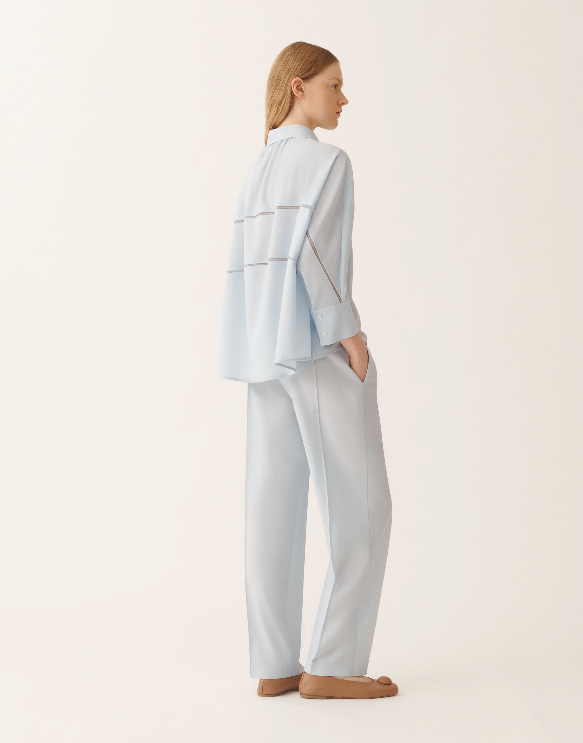 Fabiana Filippi Camicia cropped in fresco lana bistretch, acqua Blu CAD266F309L7710000