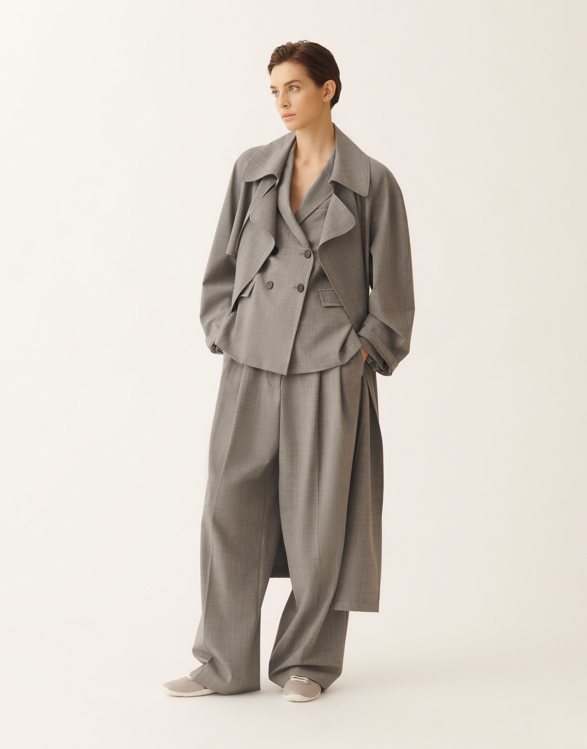 Trench coat in lightweight bi-stretch wool, rock mélange for Women