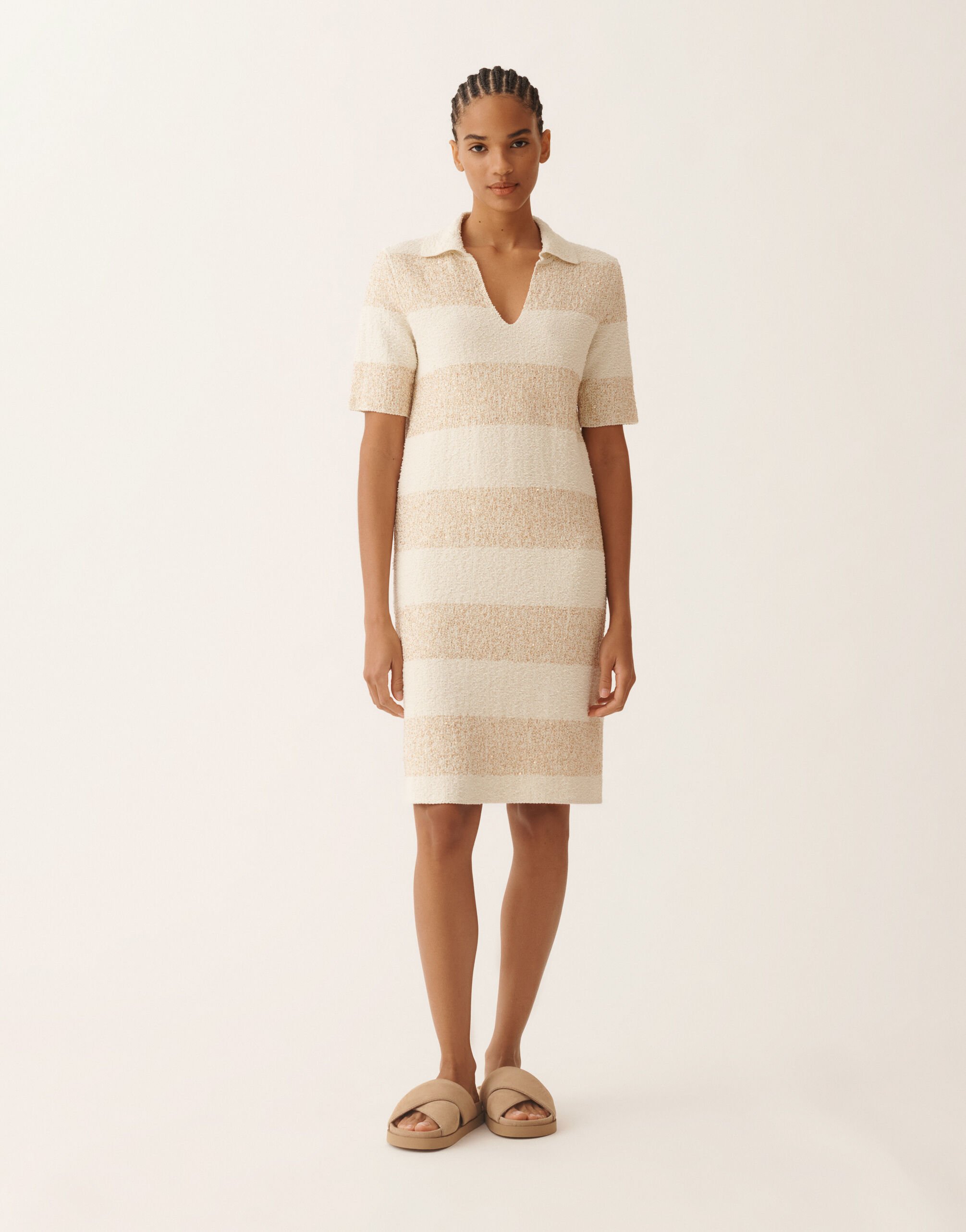 Fabiana Filippi Striped cotton tweed dress with sequins, in butter and khaki BUTTER ABD276F598M1010000