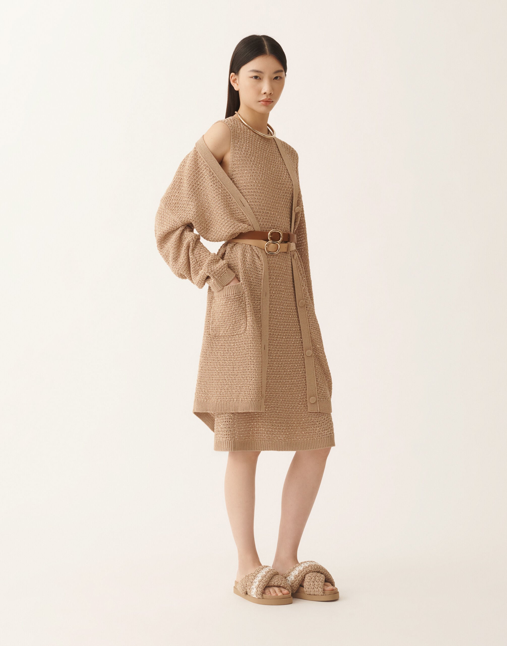 Mini dress in cotton tape with sequins, maple for Women | Fabiana