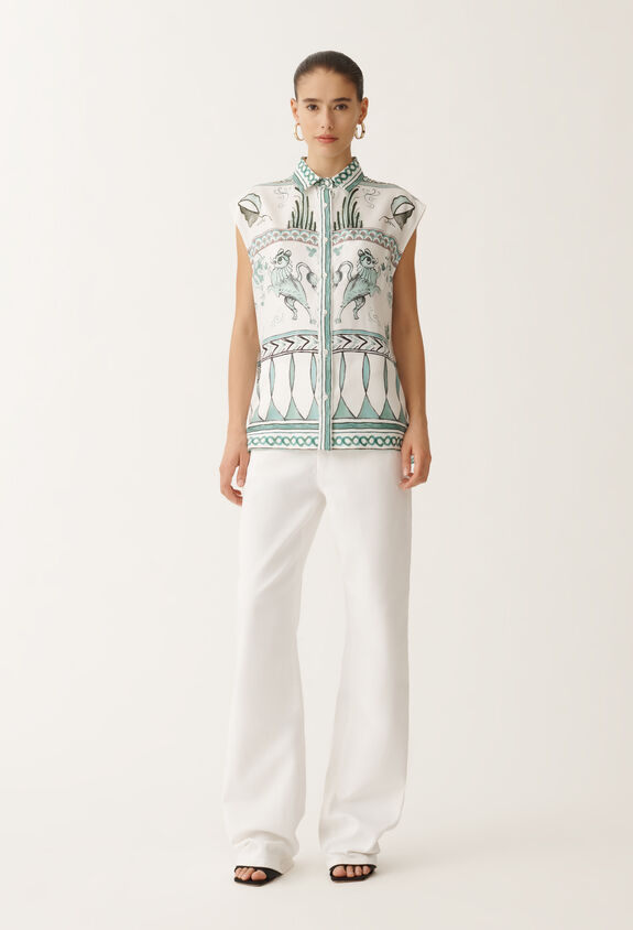 Fabiana Filippi Silk twill T-shirt with painted print, white, aqua green and teal WHITE/TURQUOISE/AQUAGREEN CAD275F597L4550000