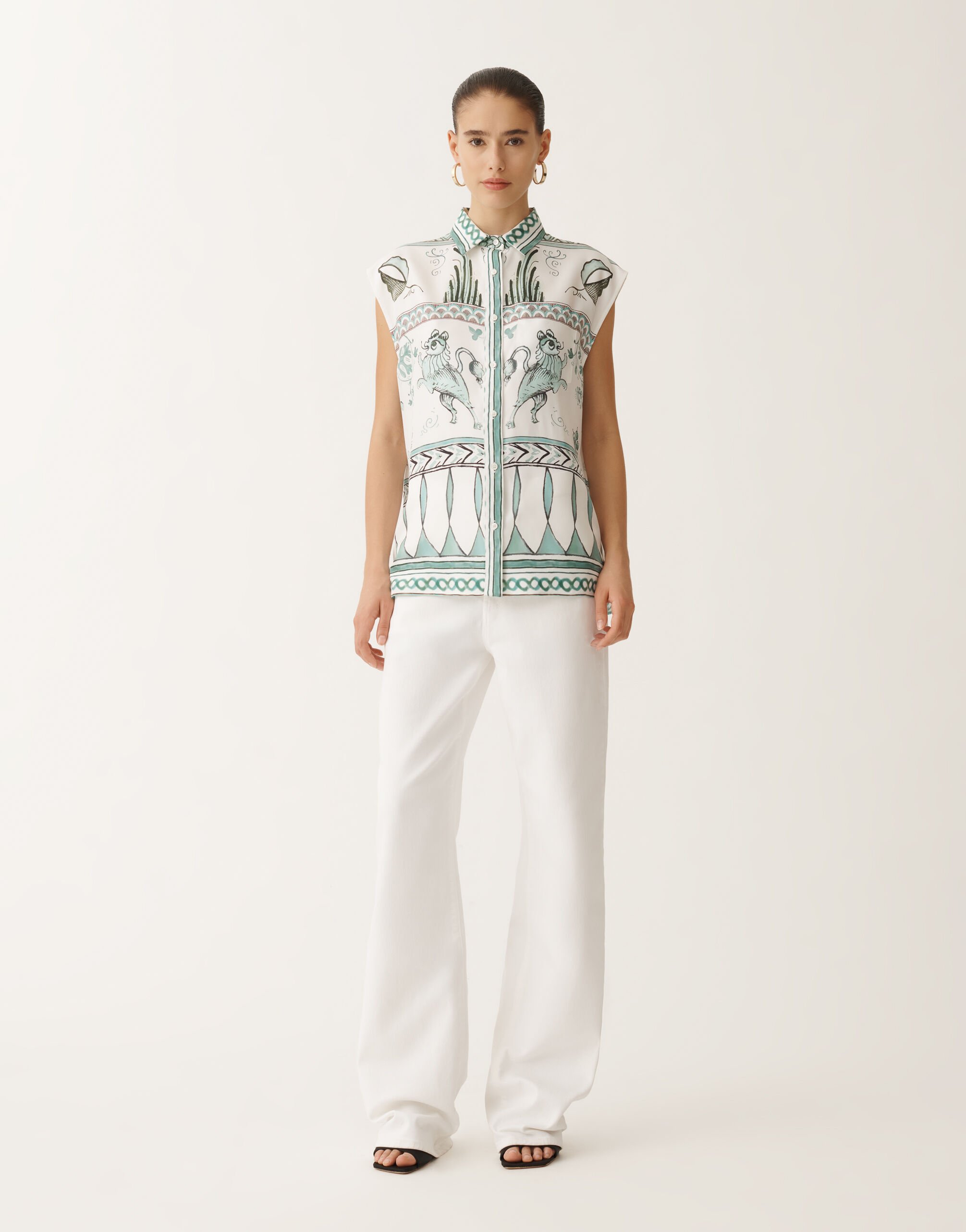 Fabiana Filippi T-shirt en sergé de soie à imprimé picta, blanc, vert d’eau et bleu pétrole BLANC/TURQUOISE/VERT EAU CAD275F597L4550000
