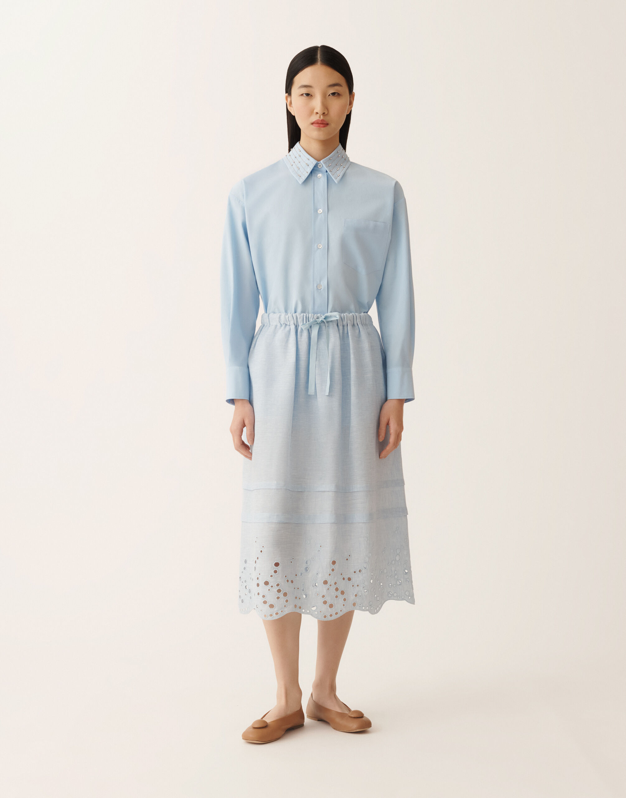 Sky blue linen midi skirt for Women | Fabiana Filippi®