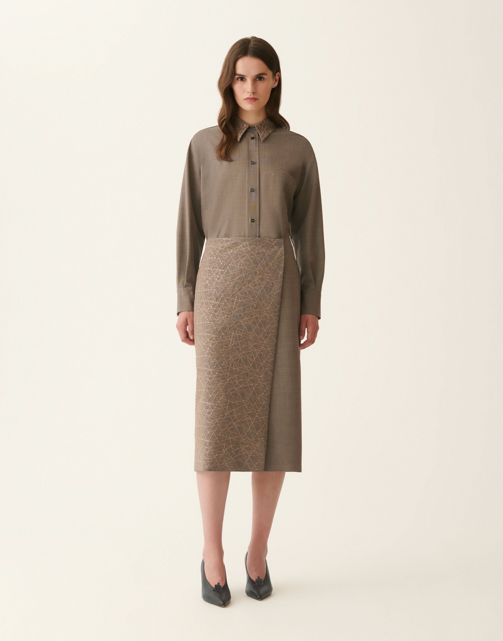 Fabiana Filippi Wrap pencil skirt in bi-stretch fresco wool, falcon Falcon GND226F335M4840000