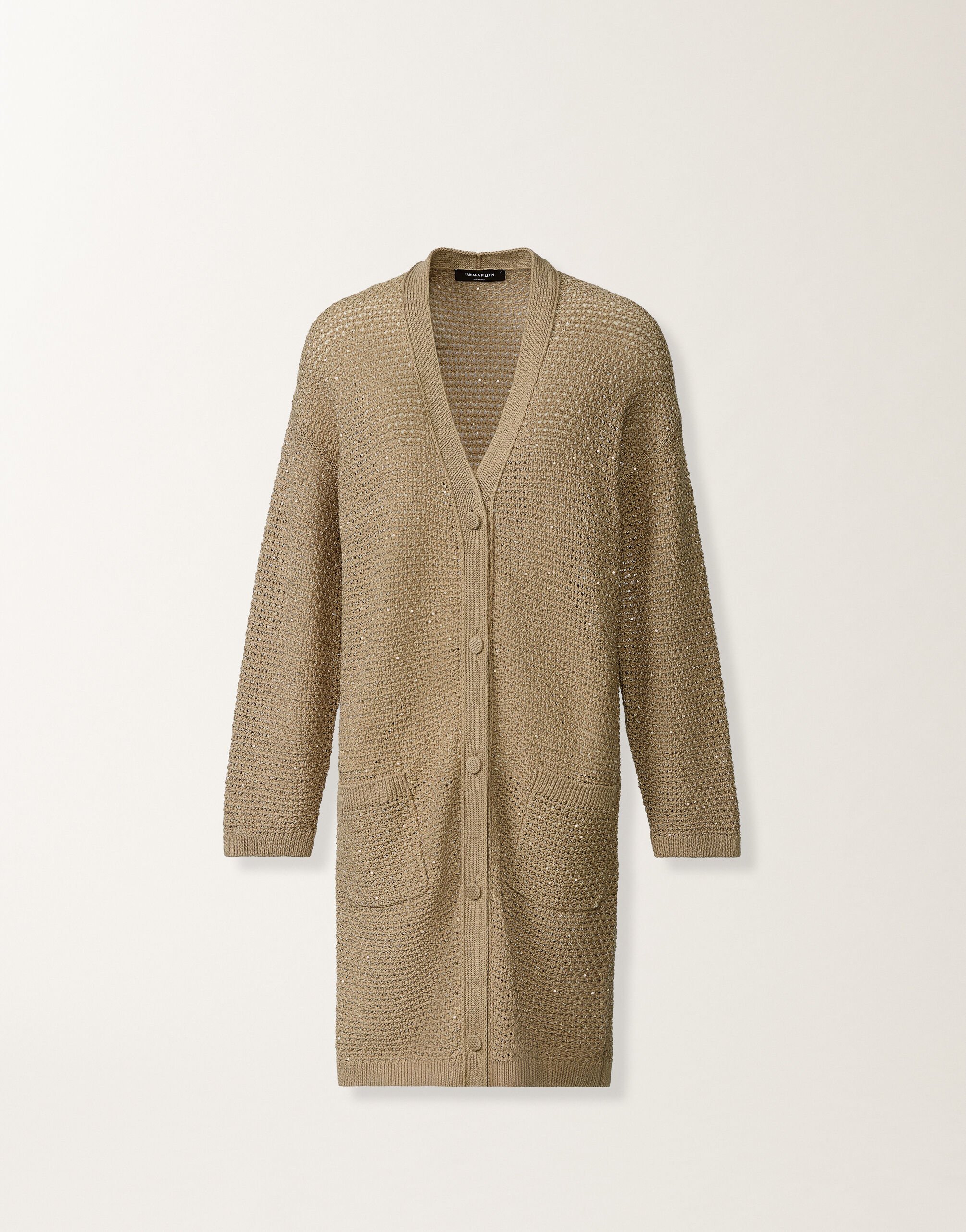 Cotton ribbon cardigan with sequins, khaki Fabiana Filippi Cotton ribbon cardigan with sequins, khaki KHAKI MAD276F532M1200000