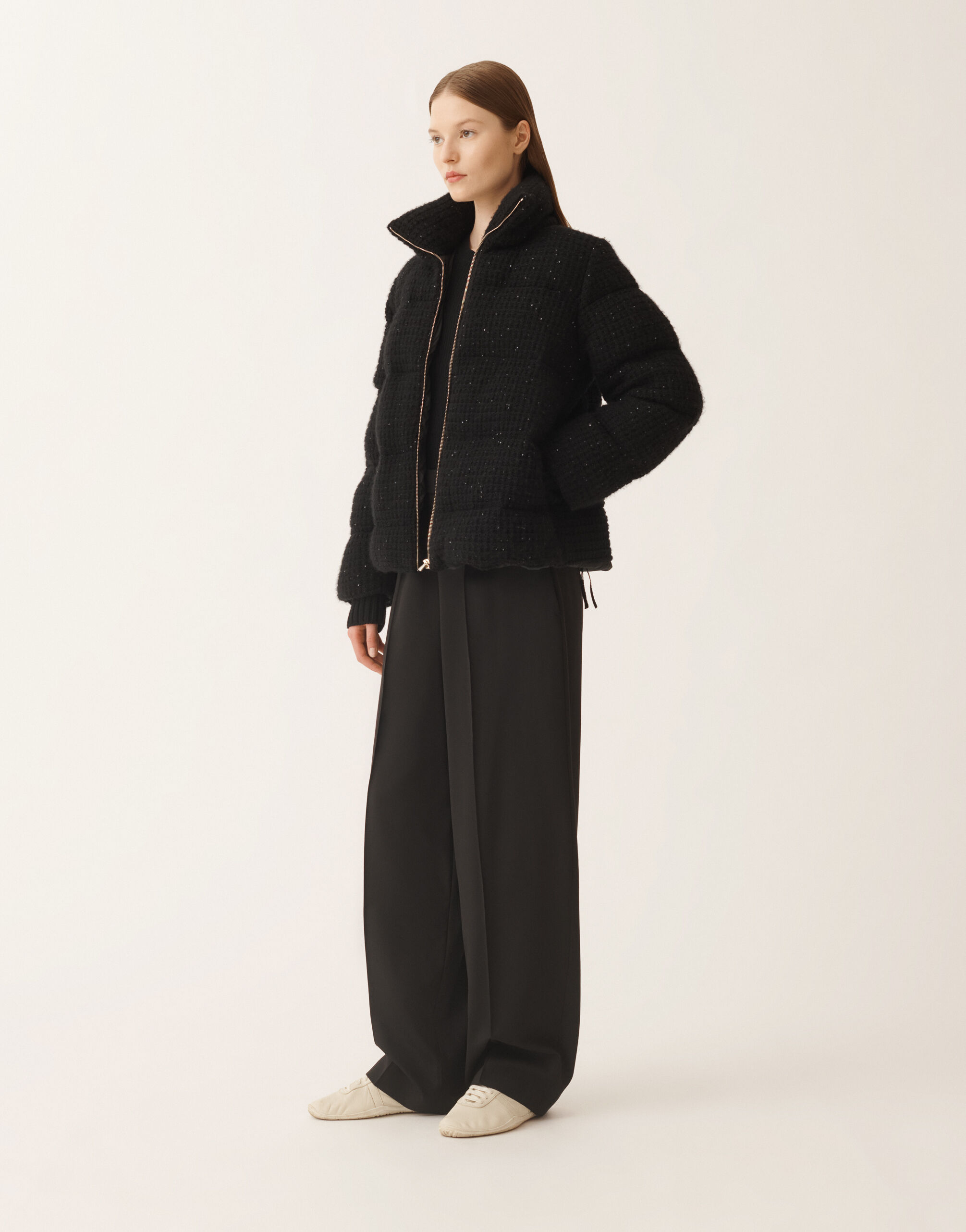 Down jacket in wool and silk with sequins, black for Women