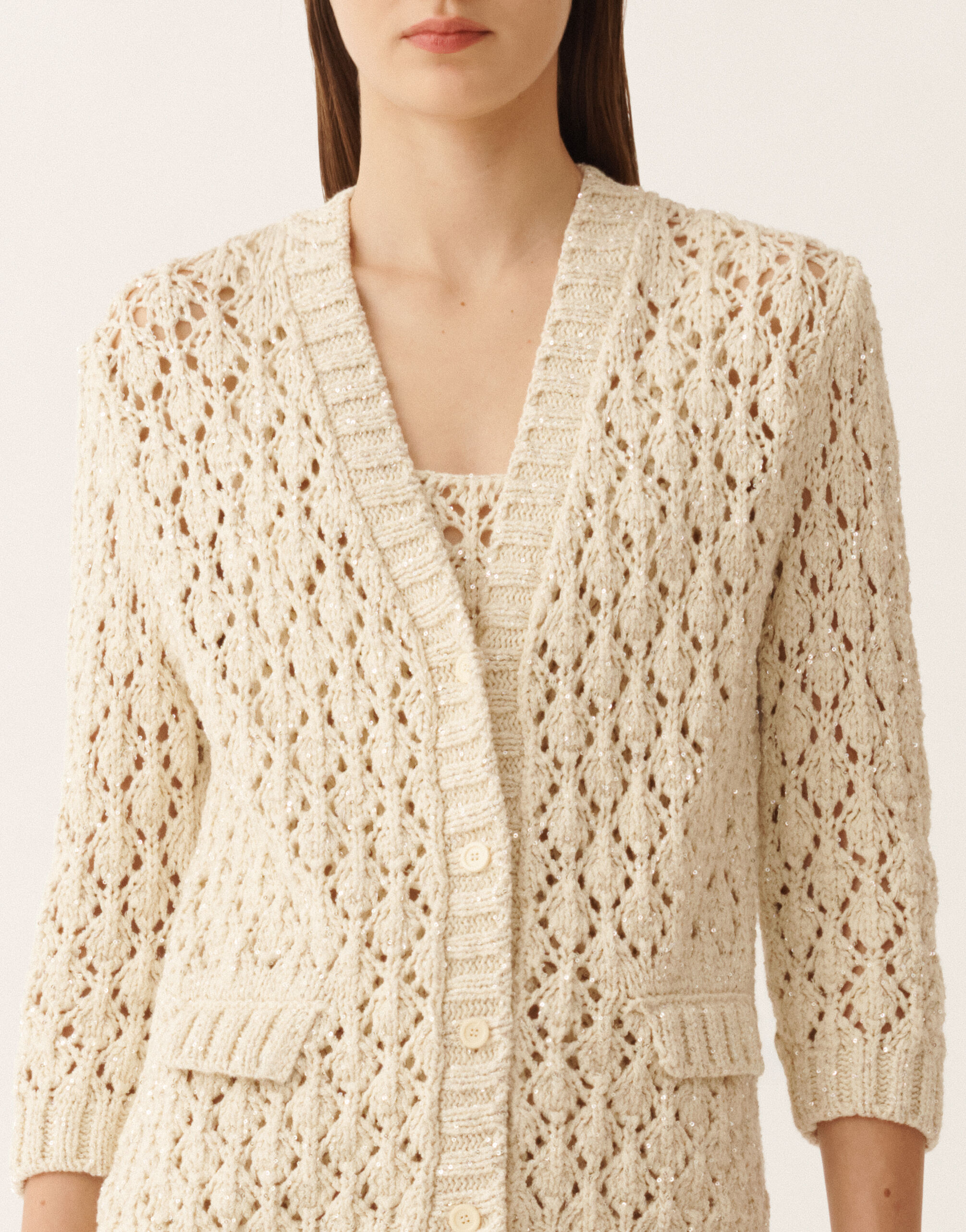 Fabiana Filippi Cotton tape cardigan with sequins, in cream BUTTER MAD276F559M1020000