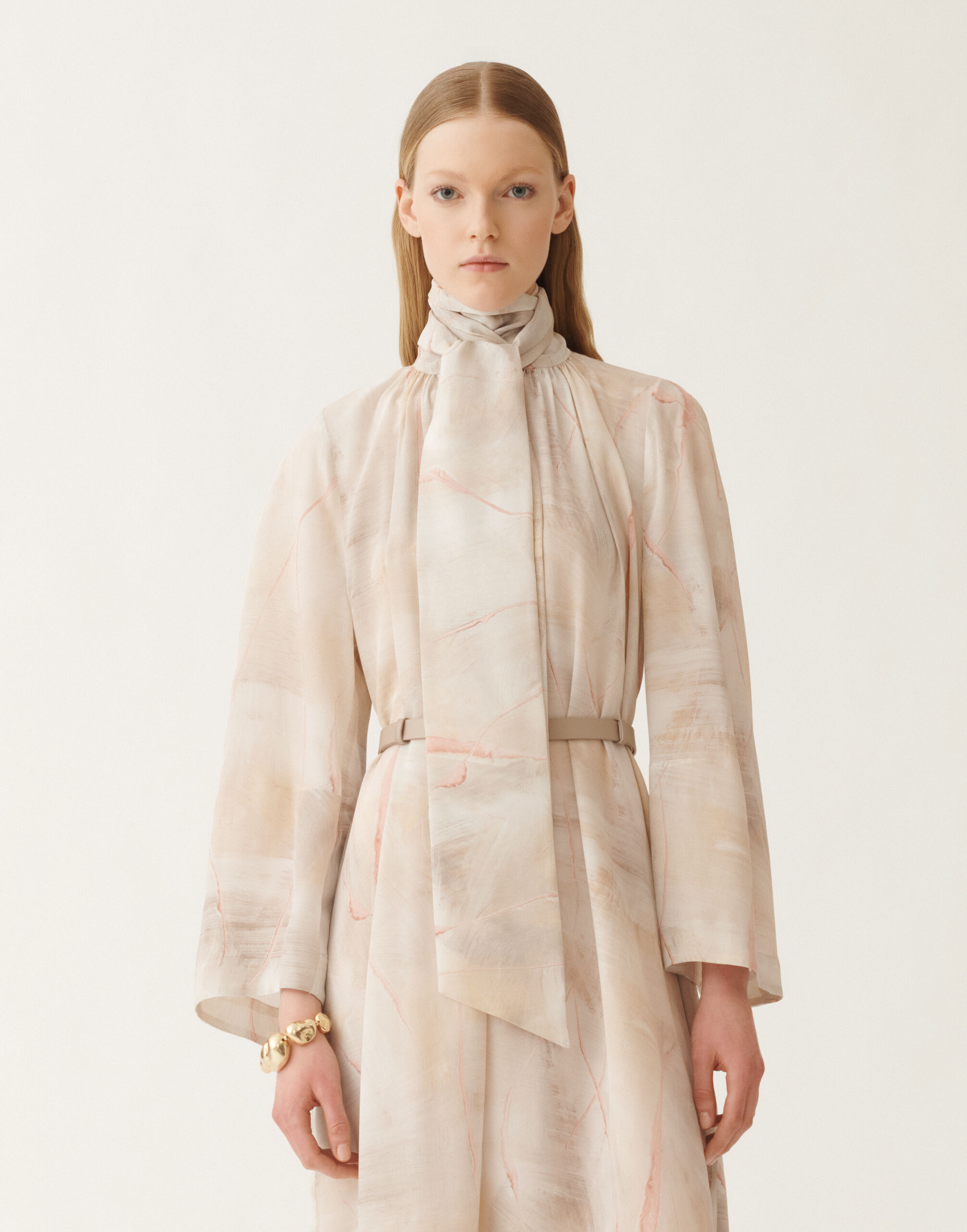 Printed crepe de chine dress, butter, maple and peony for