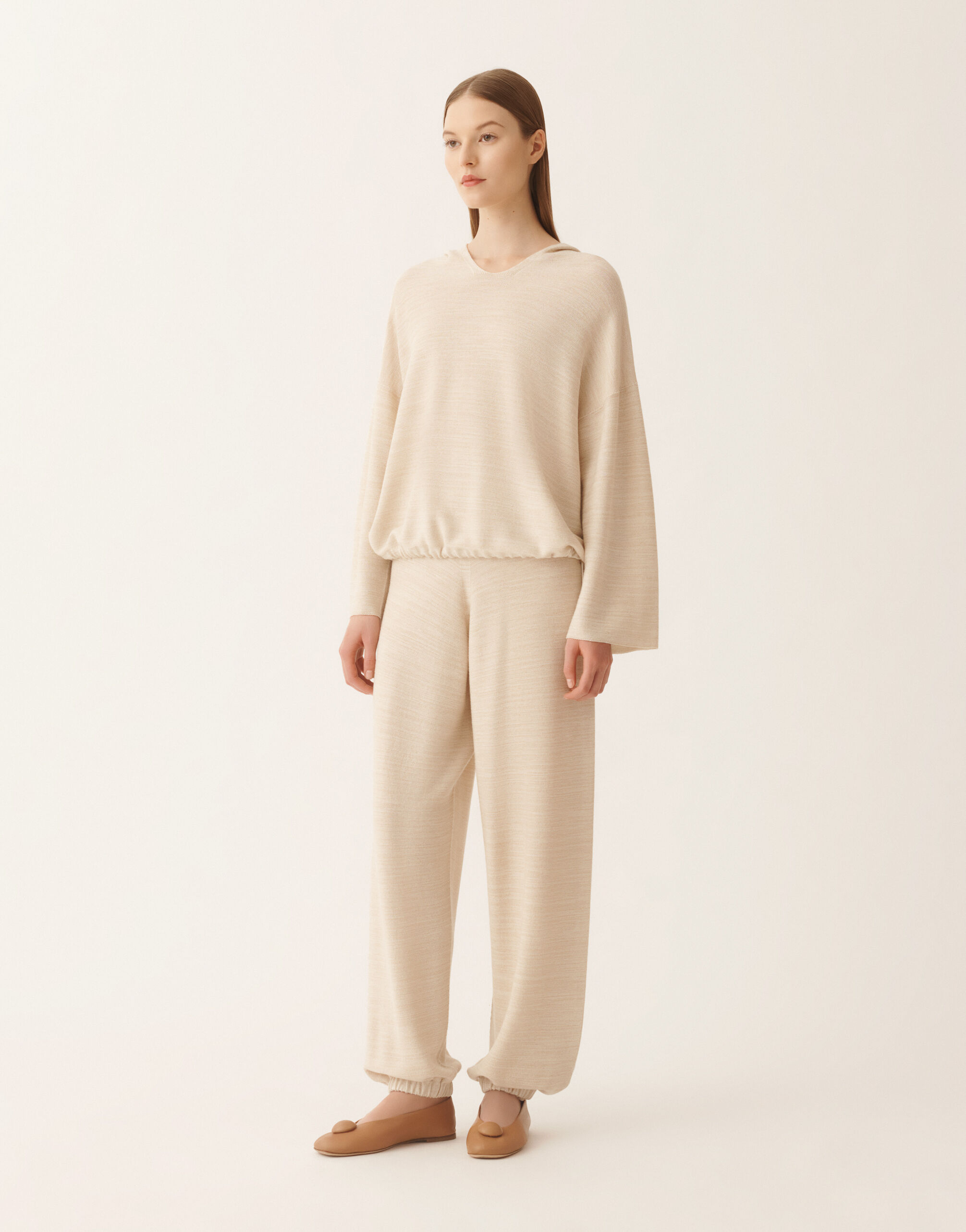 Hooded sweater in wool, cotton, and lurex, cream for Women