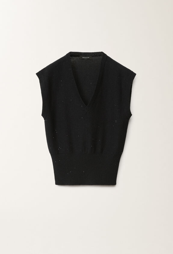 Fabiana Filippi Cotton and linen gilet with sequins, midnight blue BLUE MAD275F053D2730000