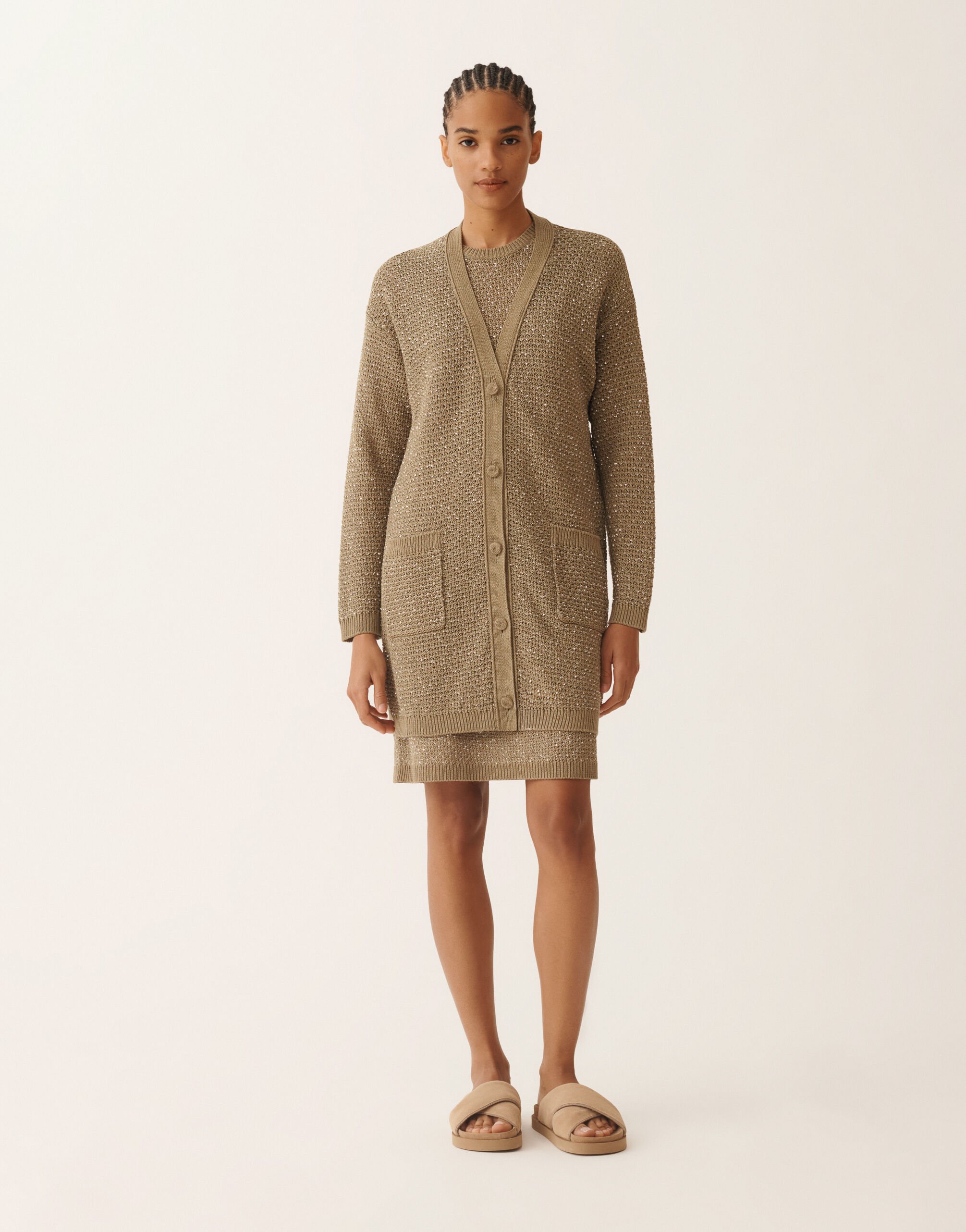 Cotton ribbon cardigan with sequins, khaki Fabiana Filippi Cotton ribbon cardigan with sequins, khaki KHAKI MAD276F532M1200000