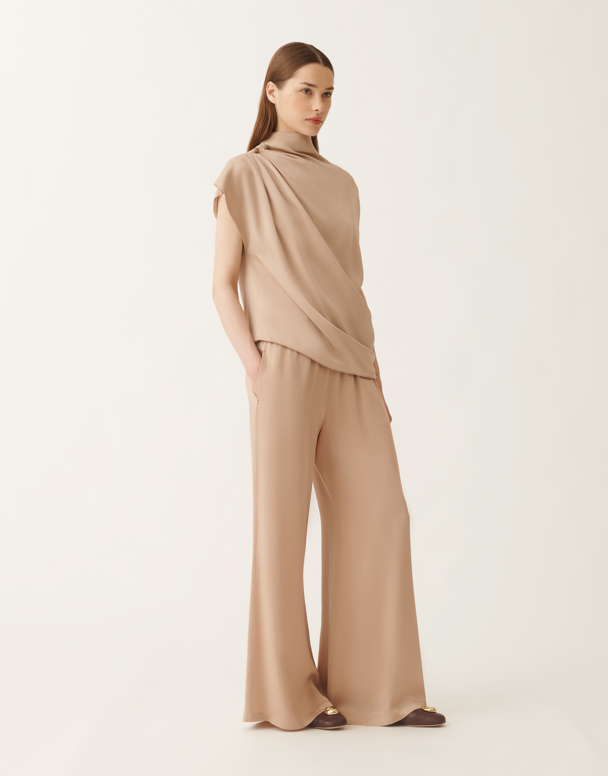 Fabiana Filippi Draped Mock-neck Enver Satin Top In Brown