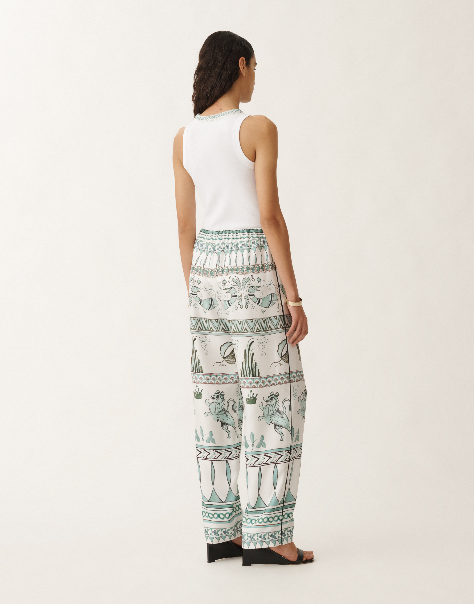 Fabiana Filippi Silk Twill Trousers With A Painted Print In White/turquoise/aquagreen