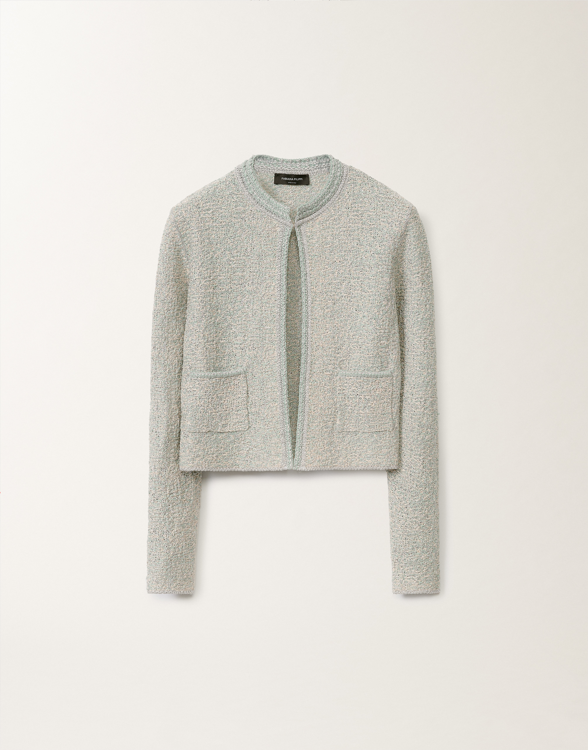 Shop Fabiana Filippi Lurex Knit Tweed Cardigan In Vanilla/aquagreen