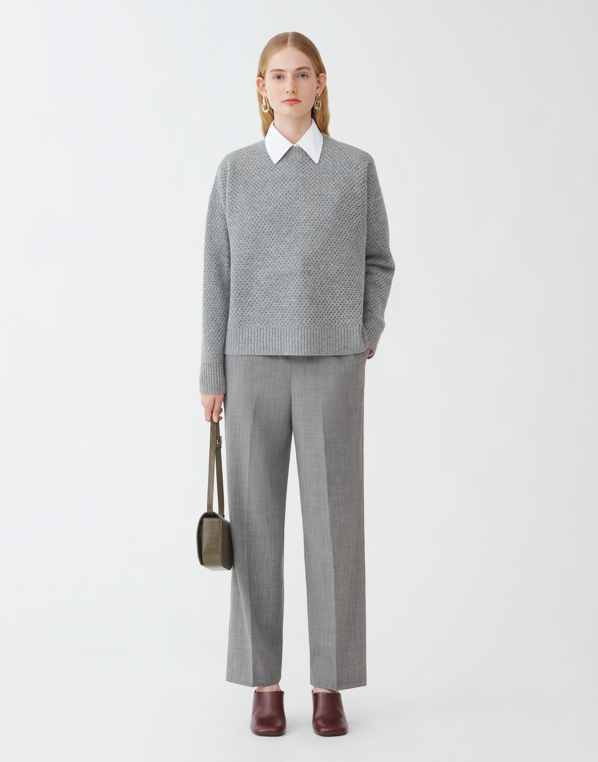 Shop Fabiana Filippi Woolen Fabric Straight Leg Trousers With Elastic Waistband In Melange Rock