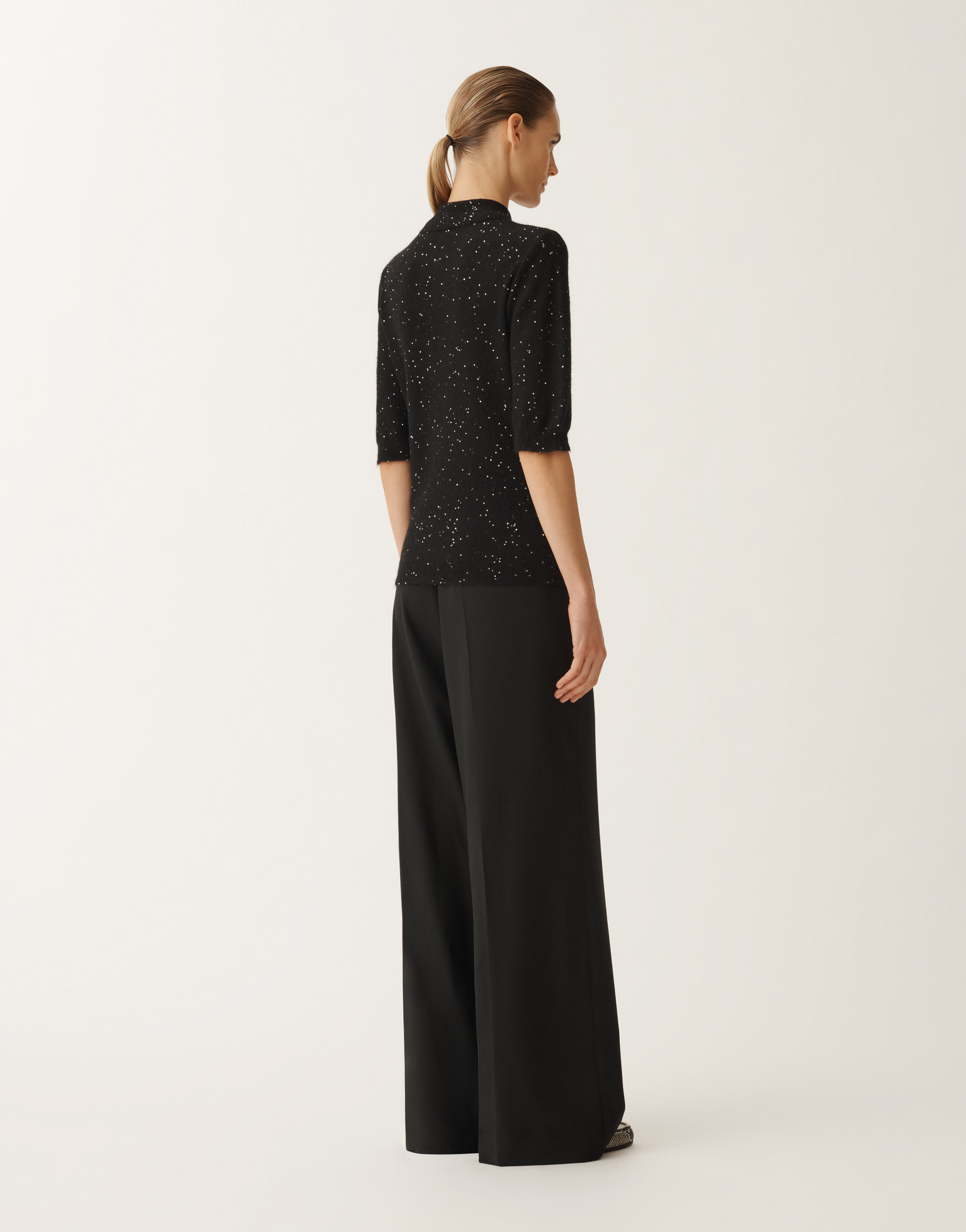 Fabiana Filippi Sequin Soft Mohair Short Sleeve Sweater With Polo Collar In Black