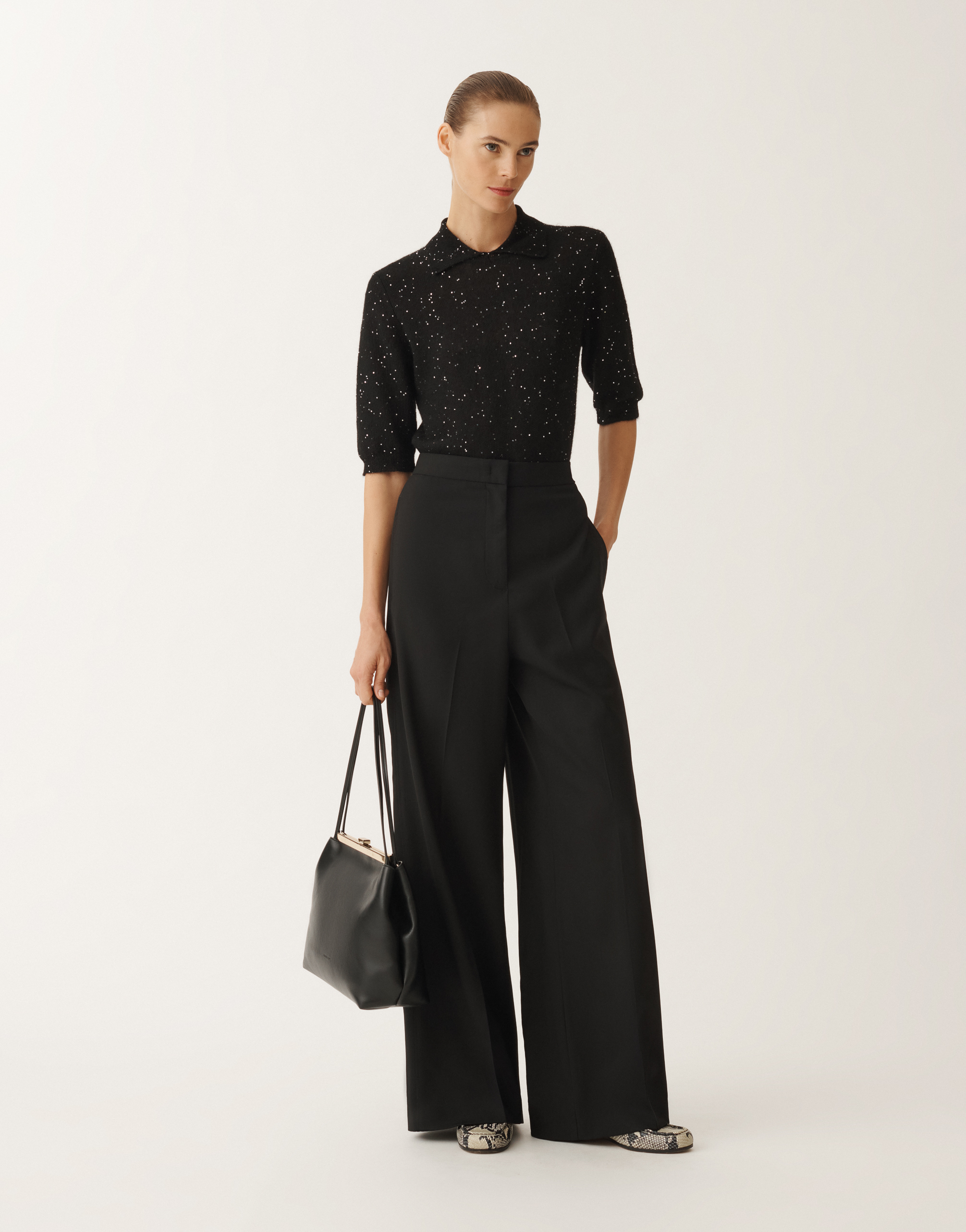 Fabiana Filippi Sequin Soft Mohair Short Sleeve Sweater With Polo Collar In Black