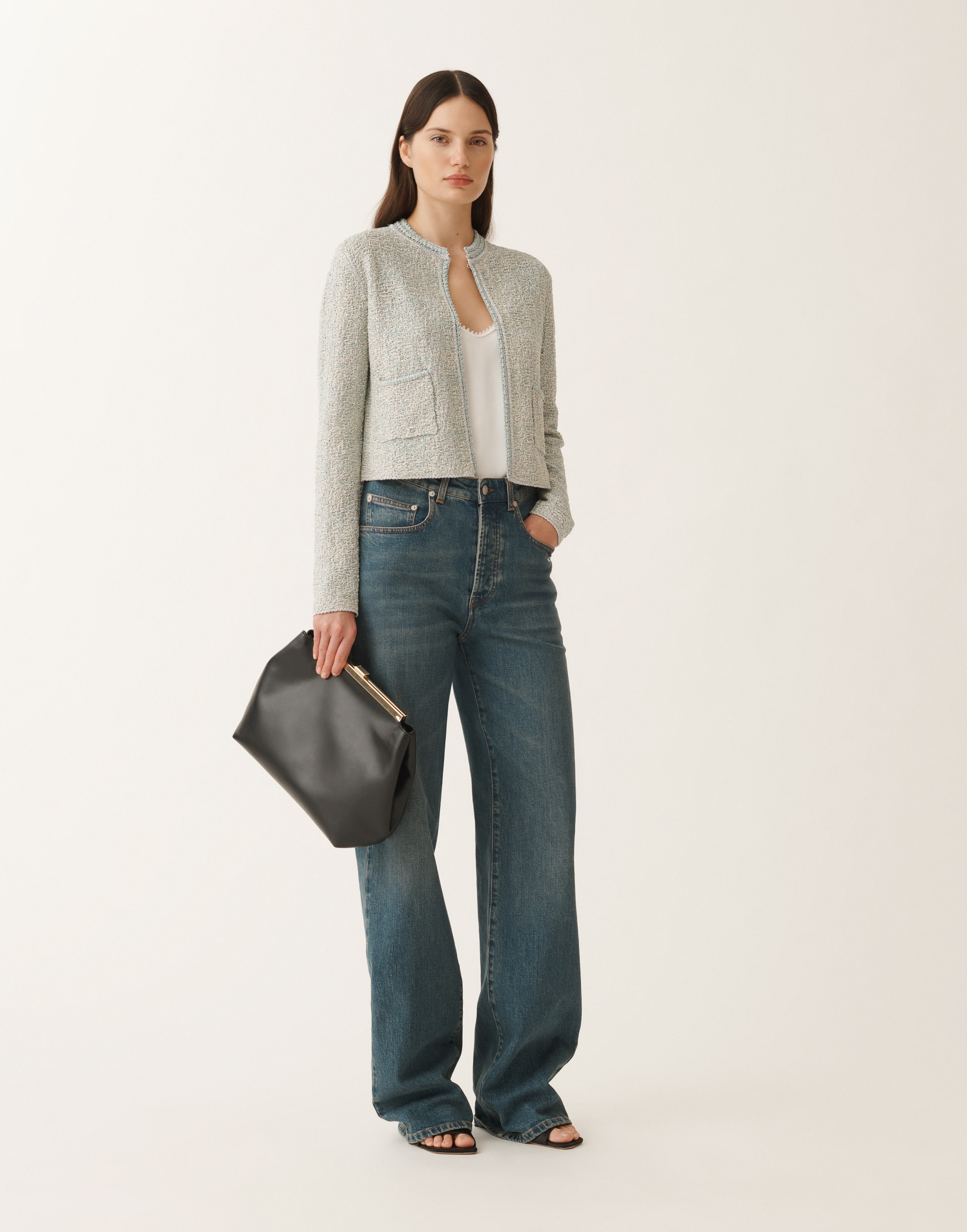 Shop Fabiana Filippi Lurex Knit Tweed Cardigan In Vanilla/aquagreen