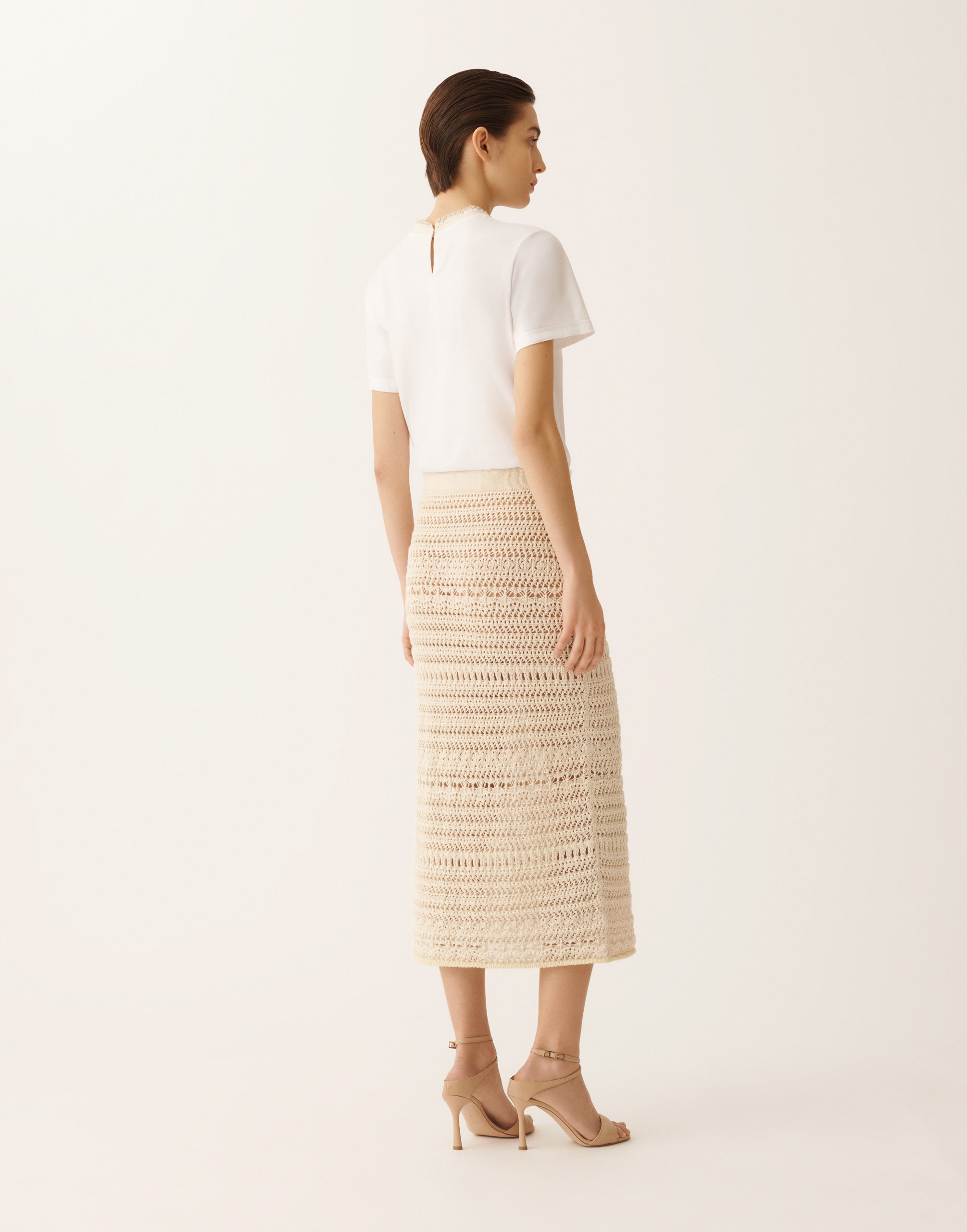 Fabiana Filippi Cotton And Linen Crochet Midi Pencil Skirt In Brown